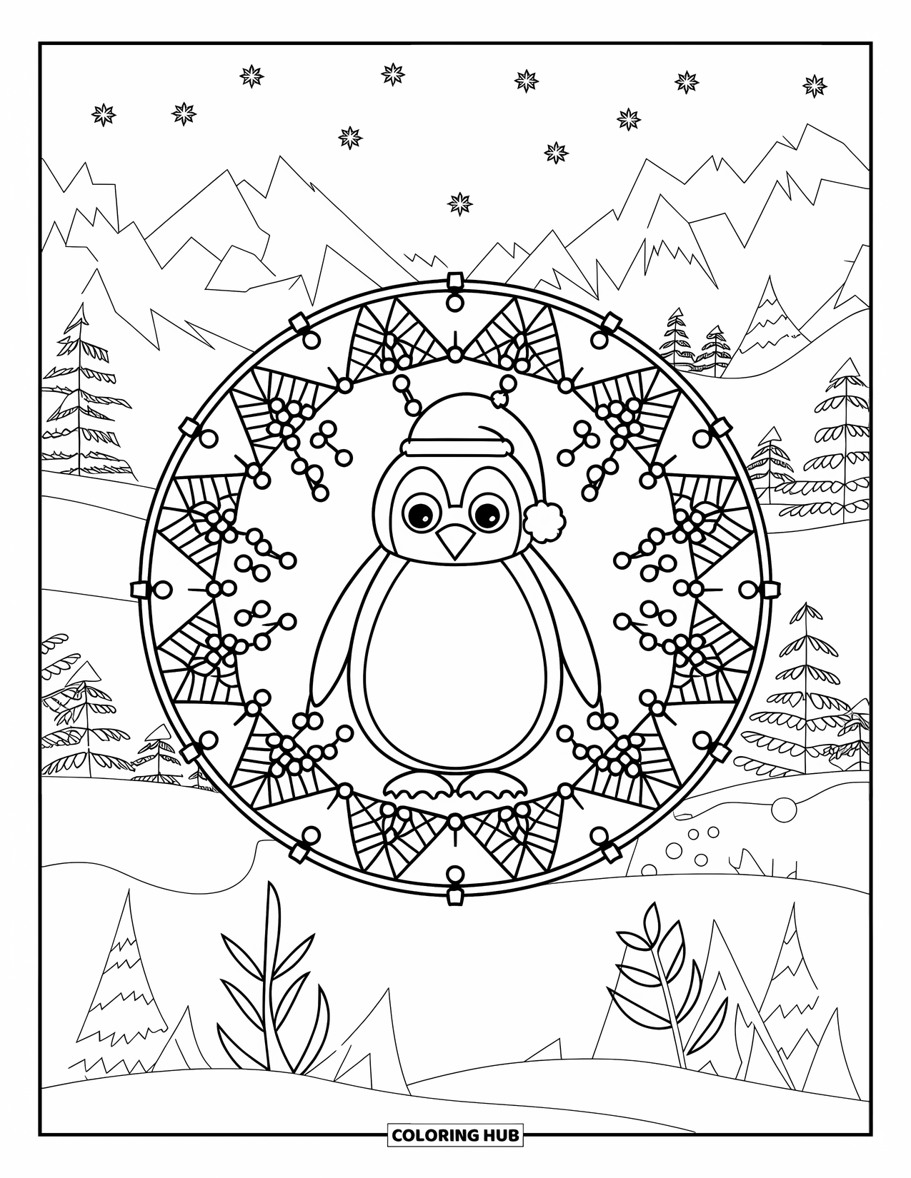 Christmas Penguin Coloring Page for Adults: A penguin stands in a pine and berry mandala with snowy mountains