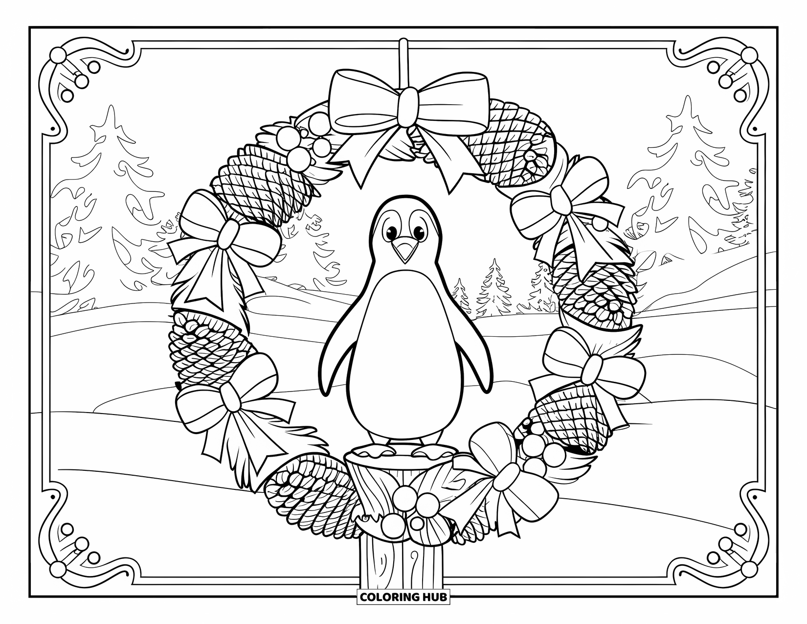 Christmas Penguin Coloring Page for Adults: A penguin stands in a wreath hanging on a snowy post