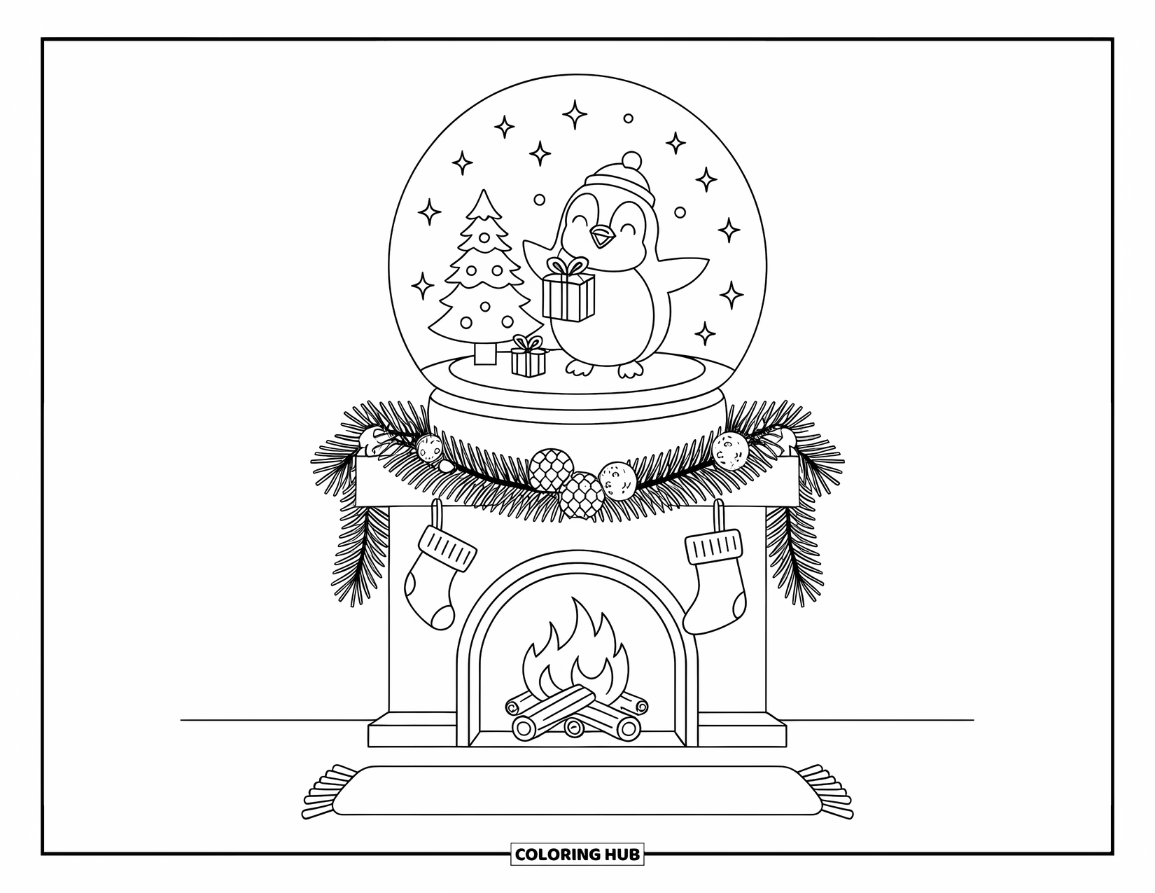 Christmas Penguin Coloring Page for Adults: A penguin stands with a gift in a snow globe on a fireplace mantle