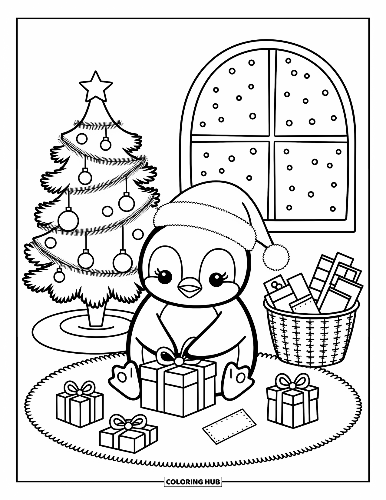 Christmas Penguin Coloring Page for Adults: A penguin ties a bow on a gift near wrapping supplies