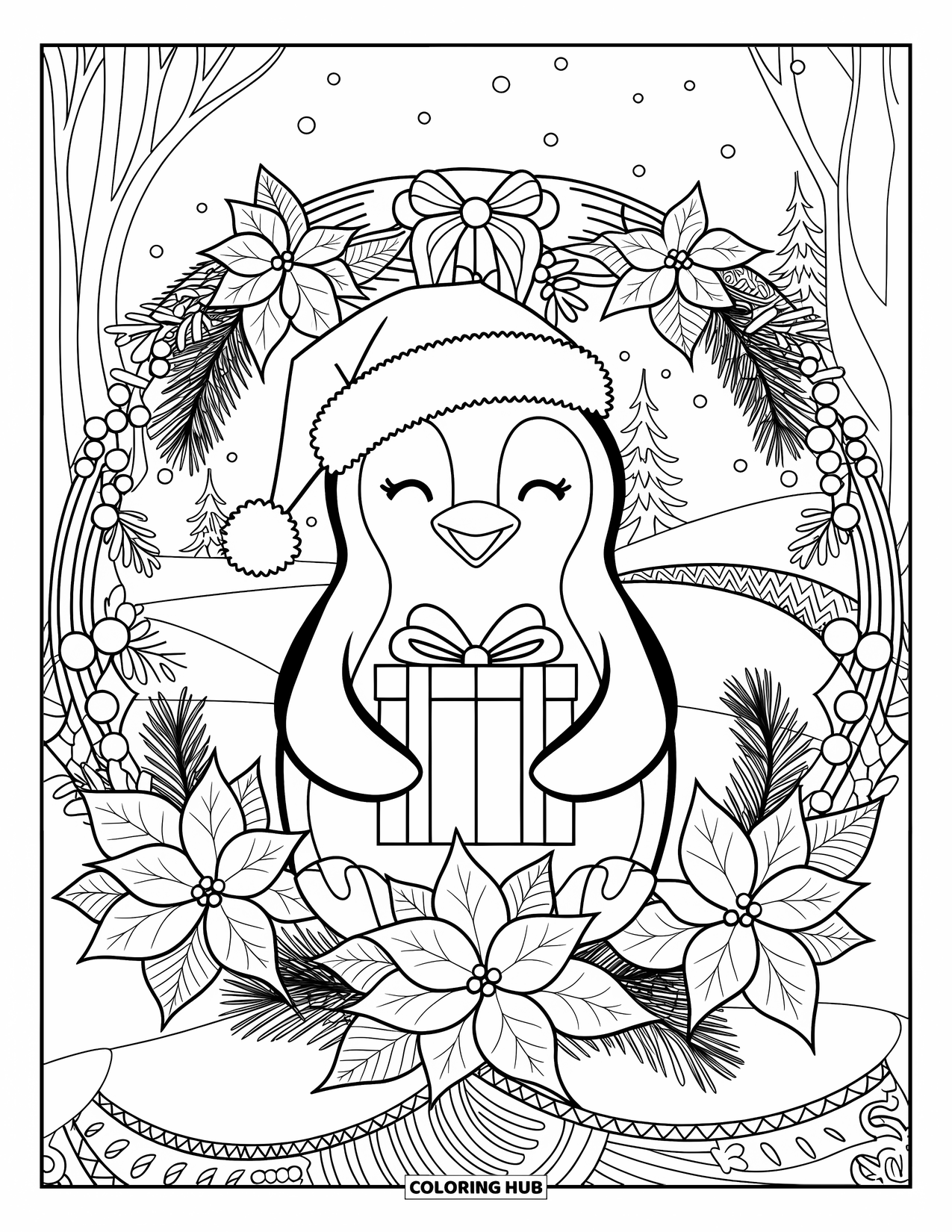 Christmas Penguin Coloring Page for Adults: A penguin with a gift stands in a poinsettia and pine wreath