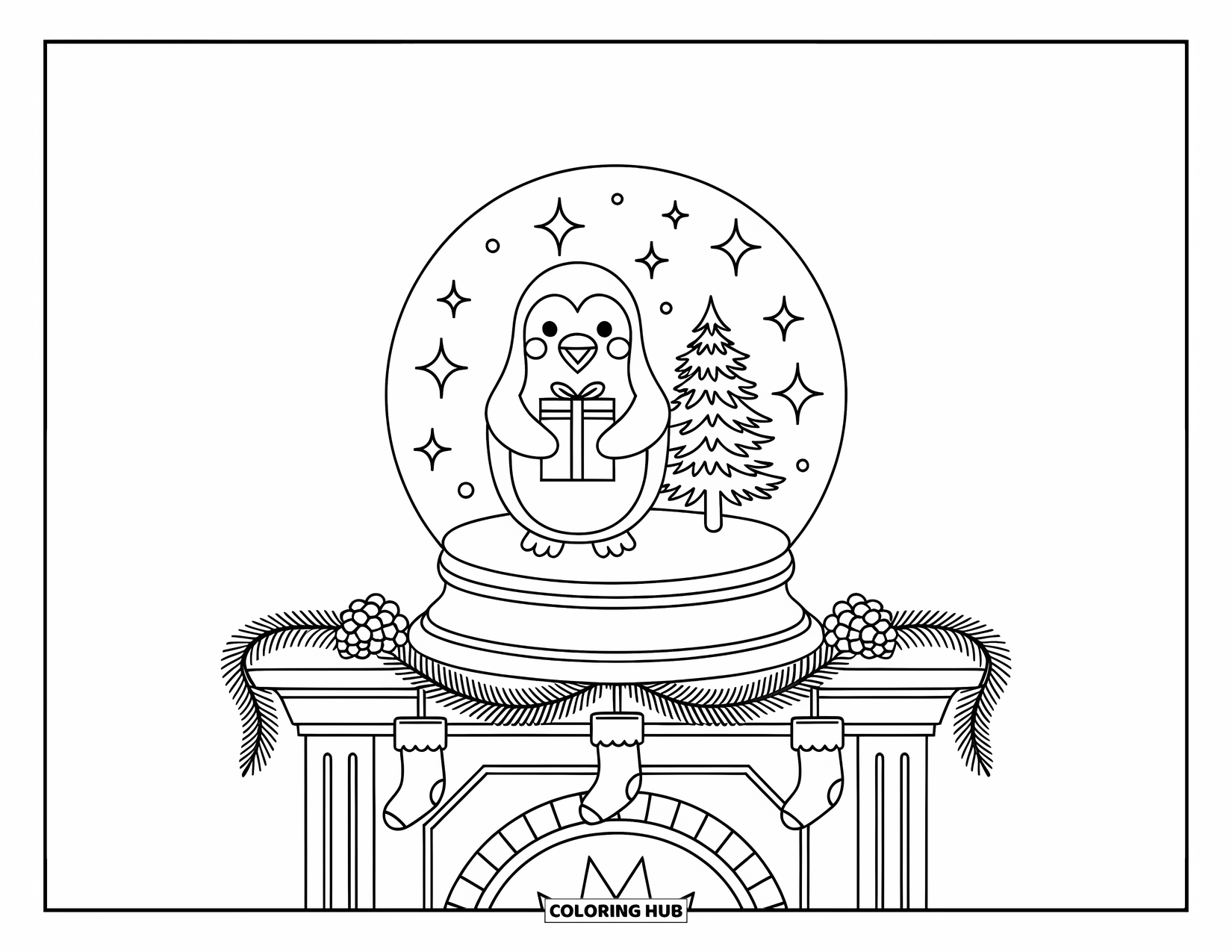 Christmas Penguin Coloring Page for Adults: A penguin with a present stands in a snow globe on a mantle