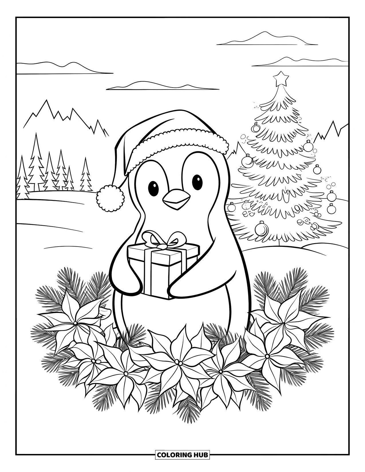 Christmas Penguin Coloring Page for Adults: A penguin with a present stands in a wreath near a Christmas tree