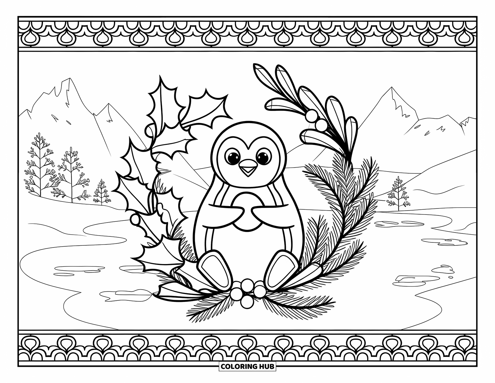 Christmas Penguin Coloring Page for Adults: A penguin with a snowball rests within holly branches by a calm lake