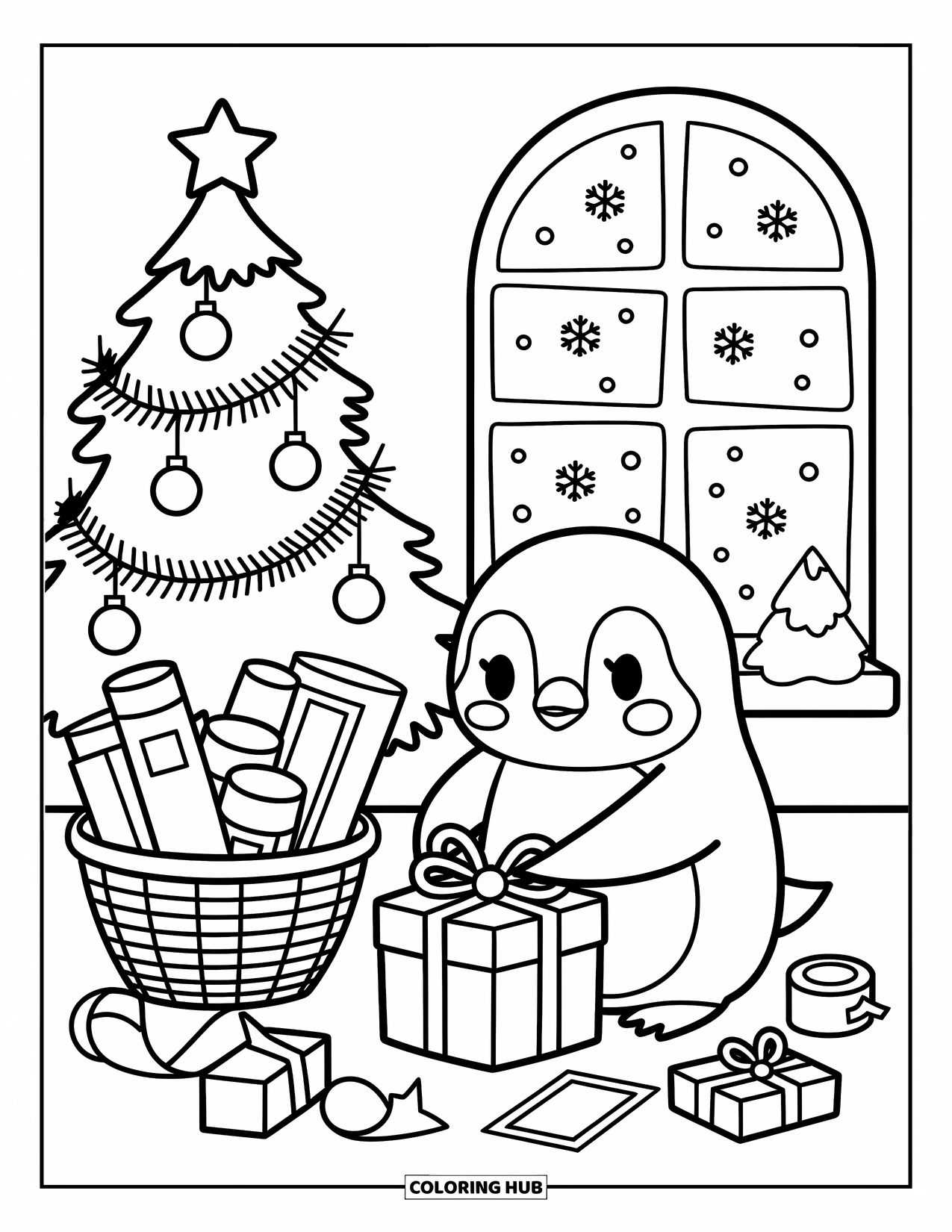 Christmas Penguin Coloring Page for Adults: A penguin wraps a gift beside a decorated Christmas tree