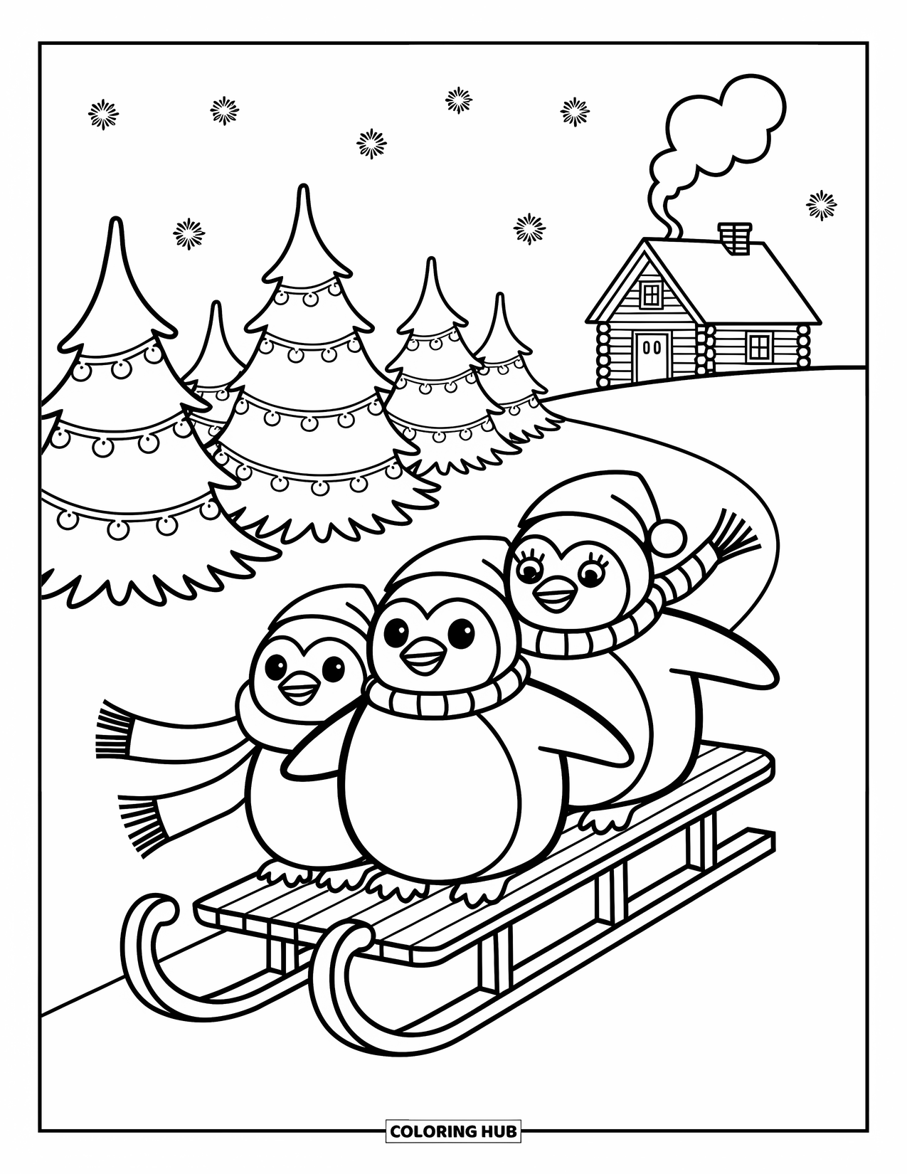 Christmas Penguin Coloring Page for Adults: Penguins bundled on a sled glide down a snowy hill