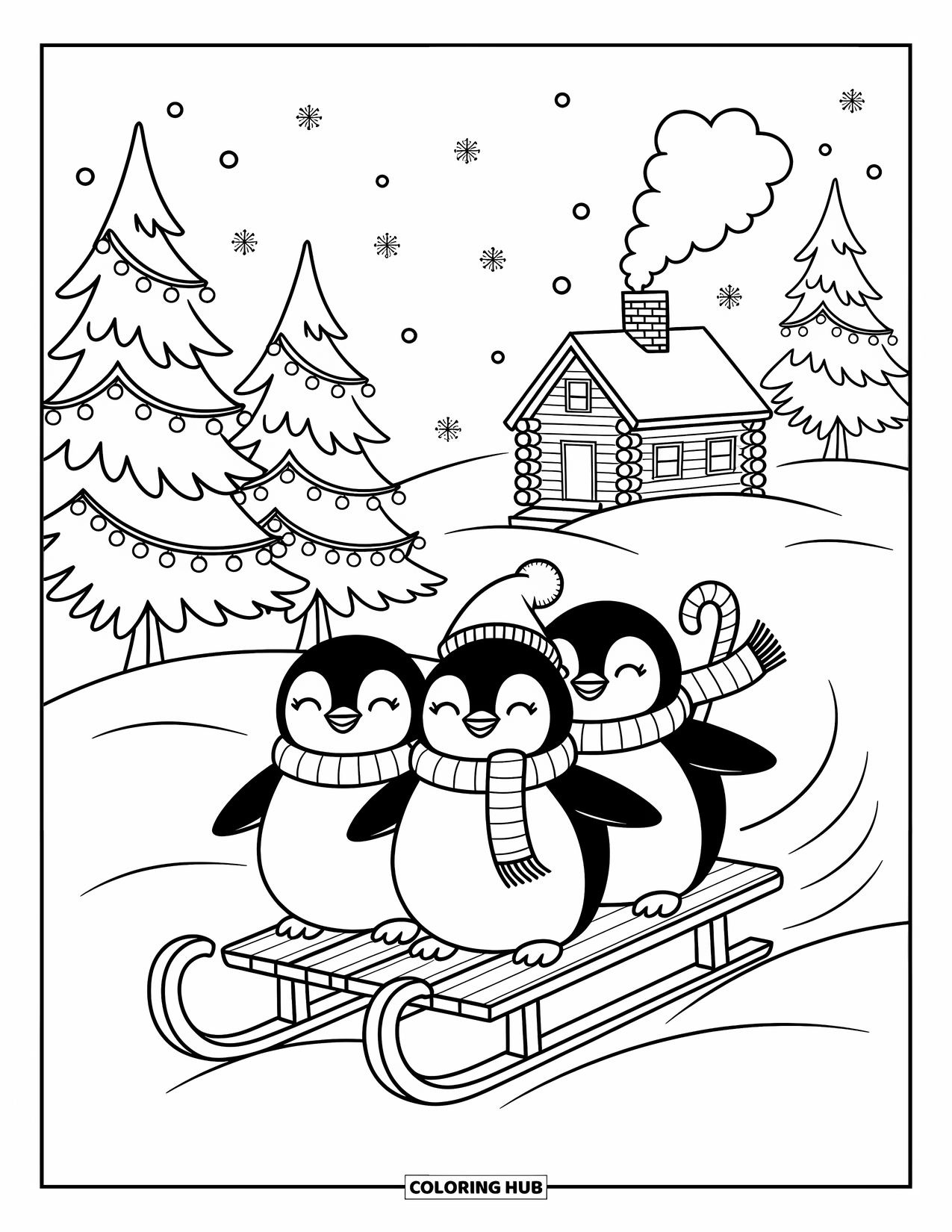 Christmas Penguin Coloring Page for Adults: Penguins huddle on a sled, one holding a candy cane