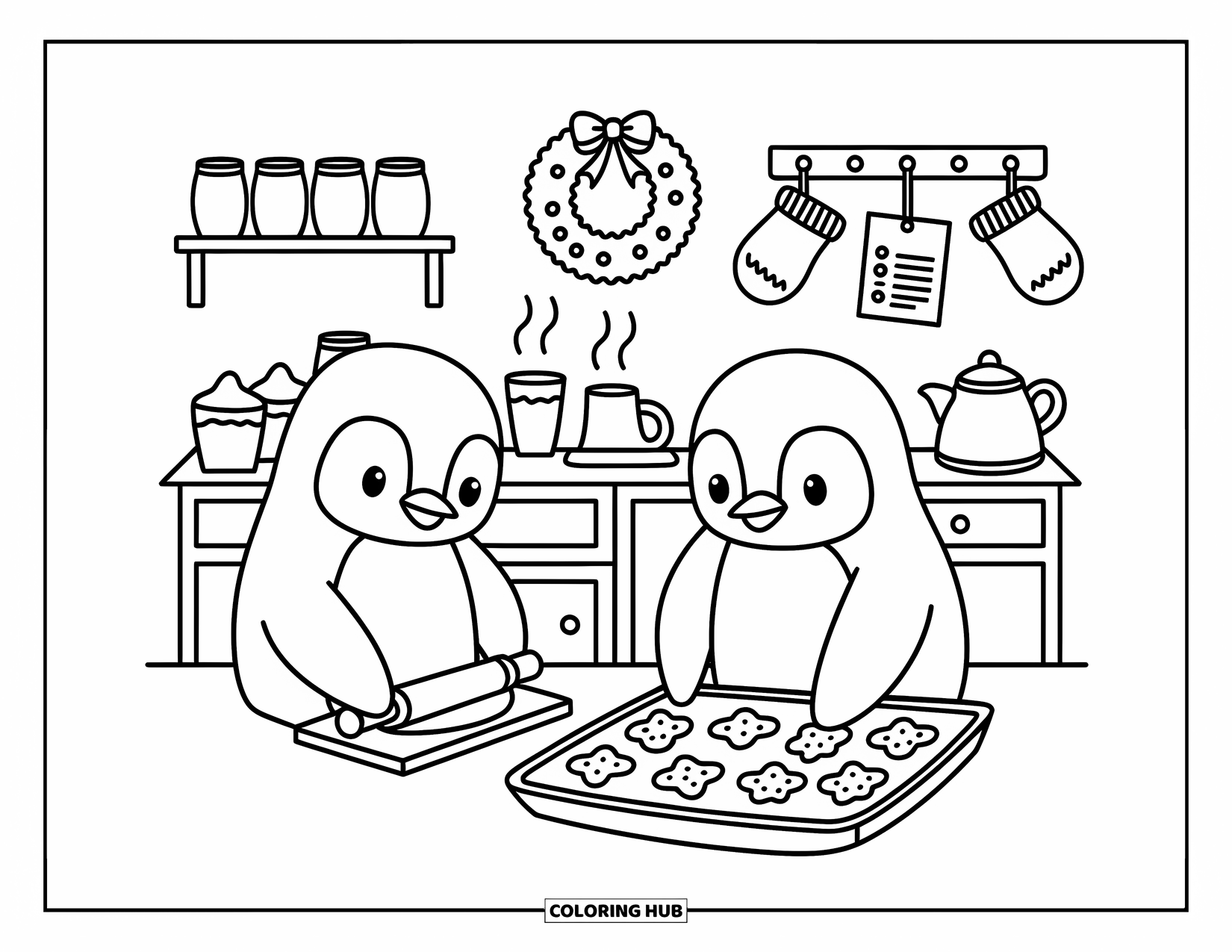 Christmas Penguin Coloring Page for Adults: Two penguins bake cookies together in a cozy Christmas kitchen