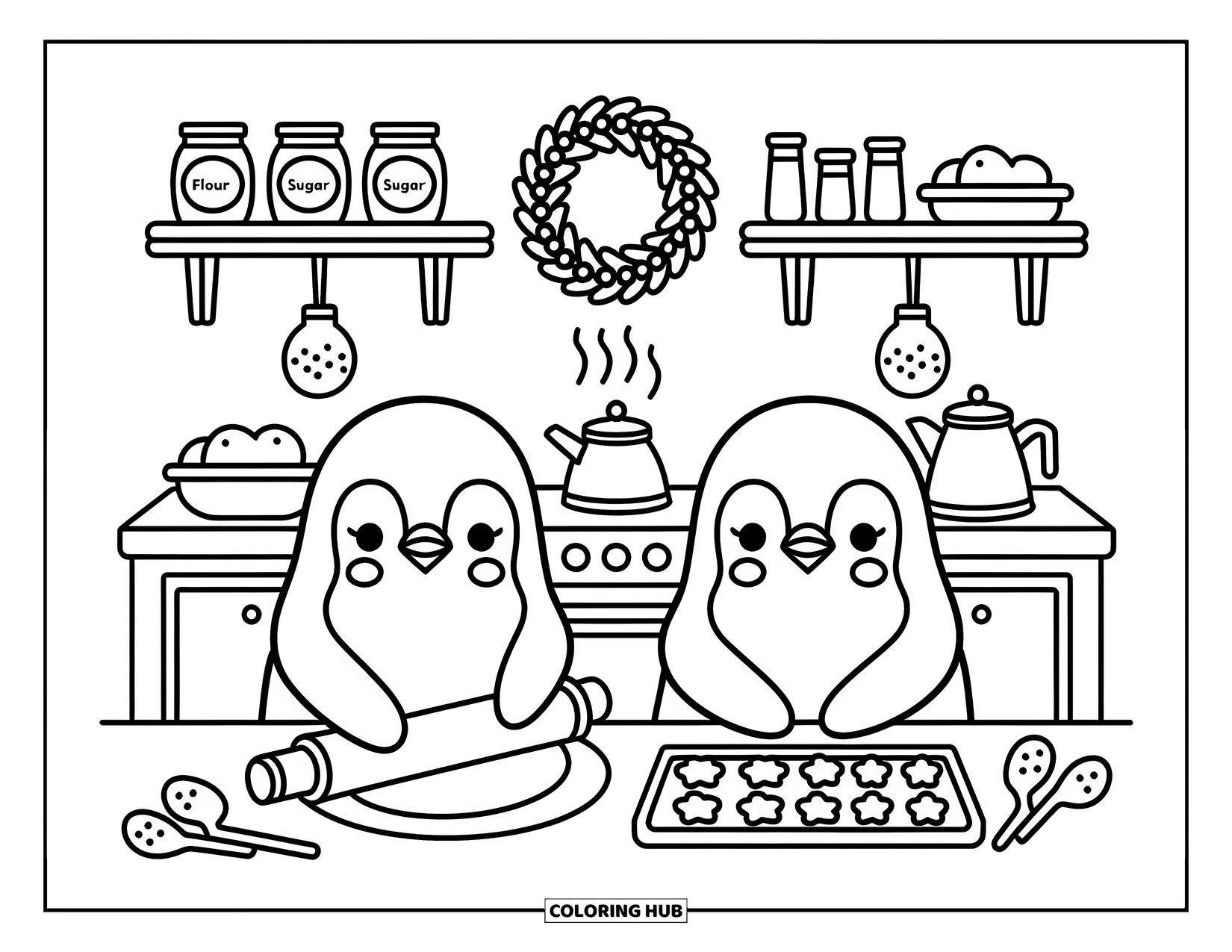 Christmas Penguin Coloring Page for Adults: Two penguins prepare holiday cookies with shelves of jars and a wreath