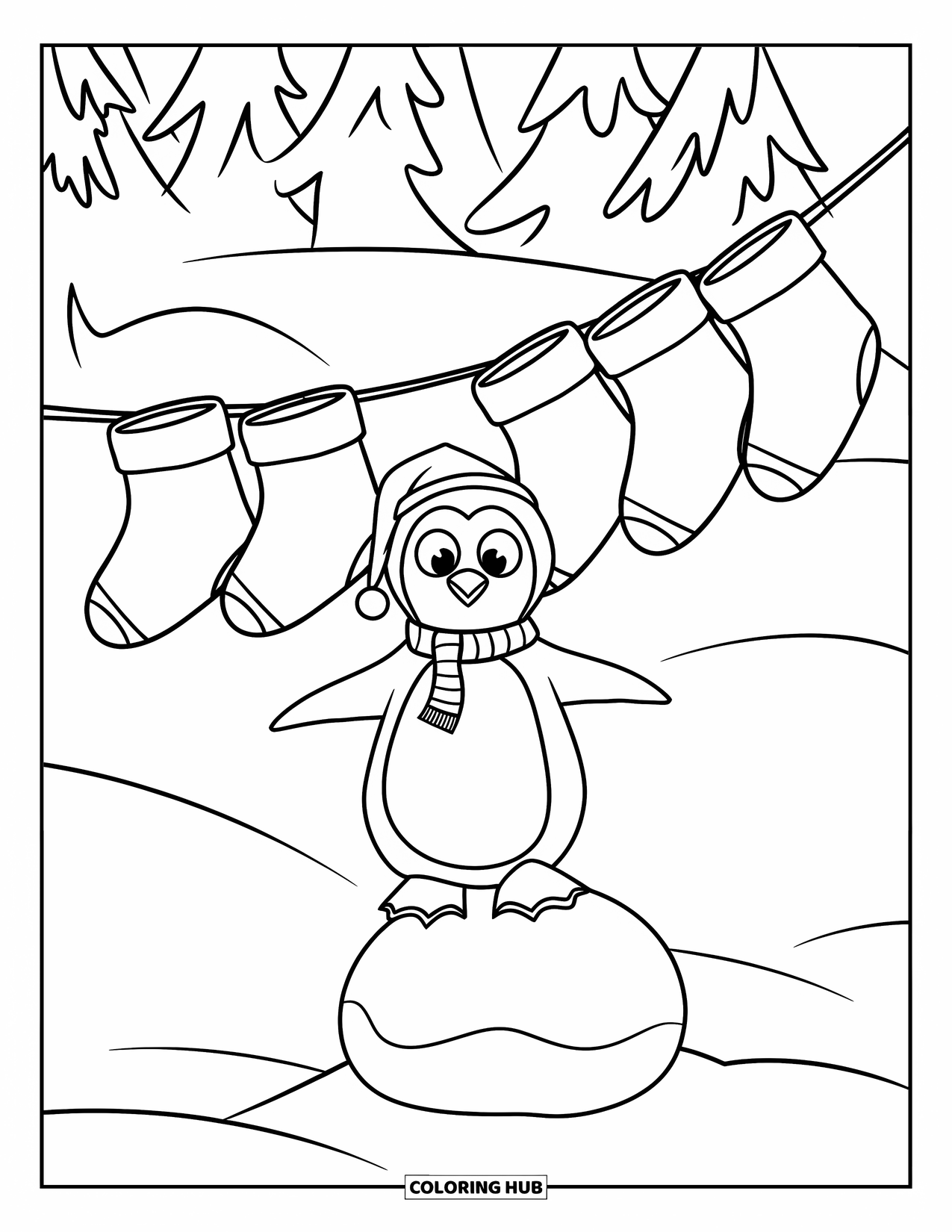 Christmas Penguin Coloring Page for Kids: A penguin balances on a snowball near a row of stockings