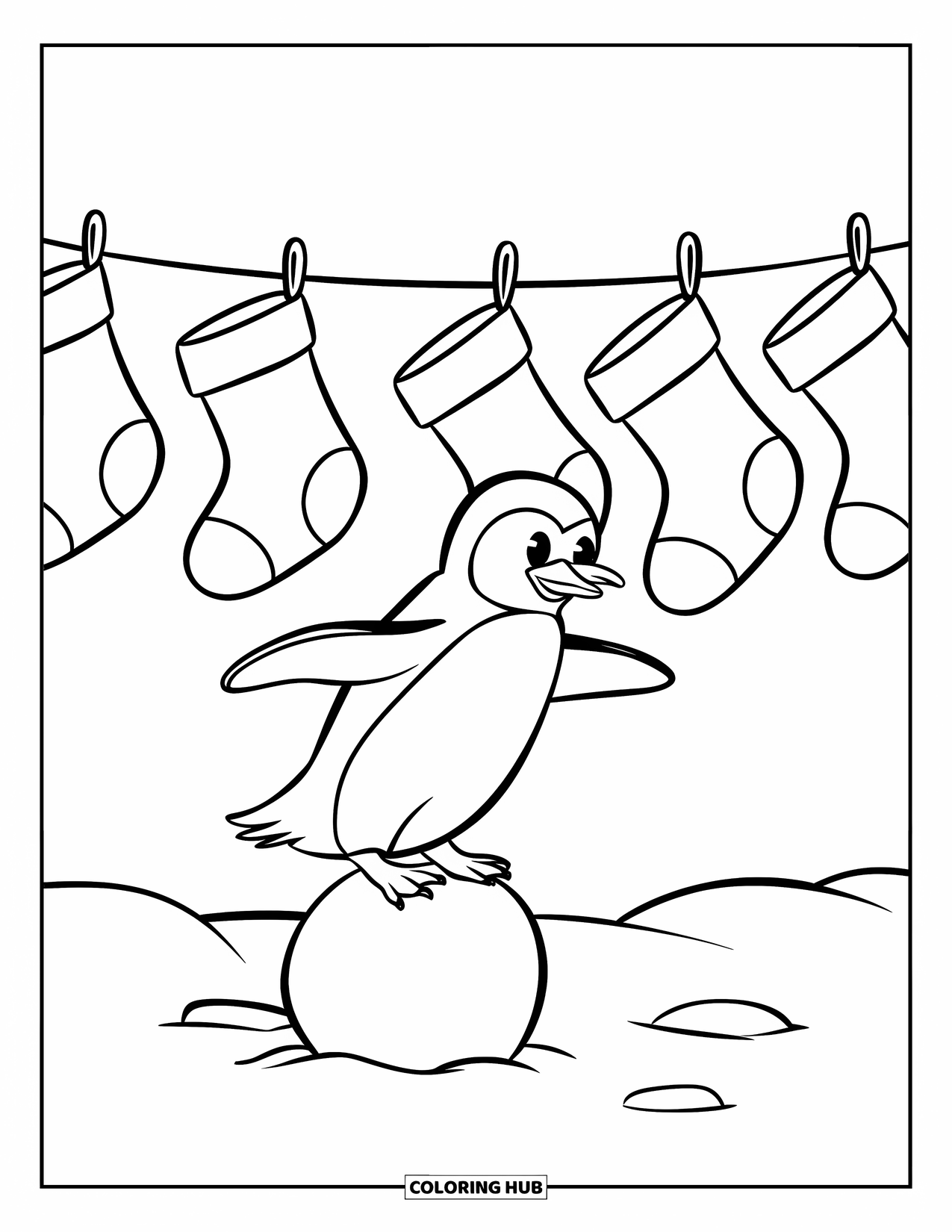 Christmas Penguin Coloring Page for Kids: A penguin balances on a snowball with stockings hanging above