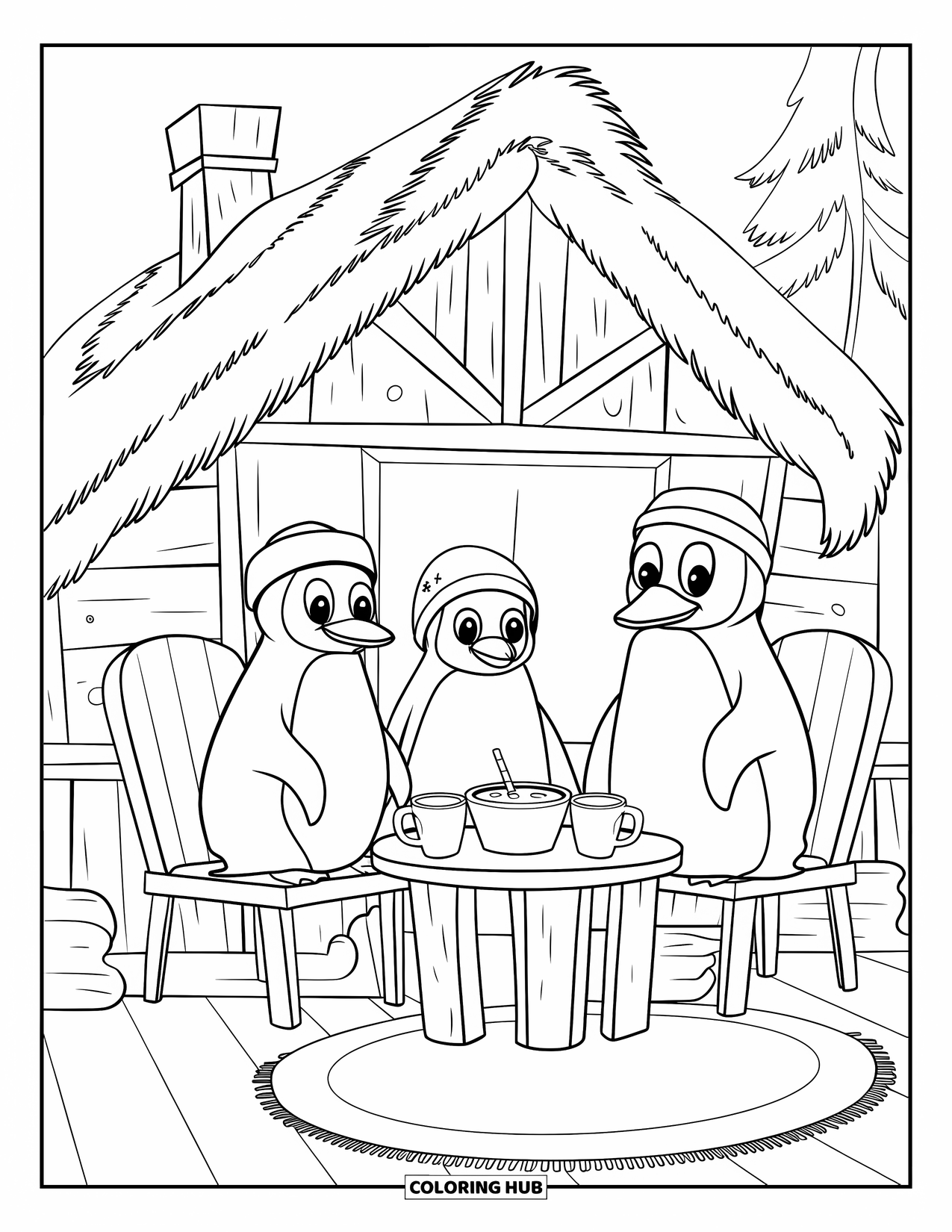 Christmas Penguin Coloring Page for Kids: A penguin family enjoys cocoa in a wooden cabin with a chimney