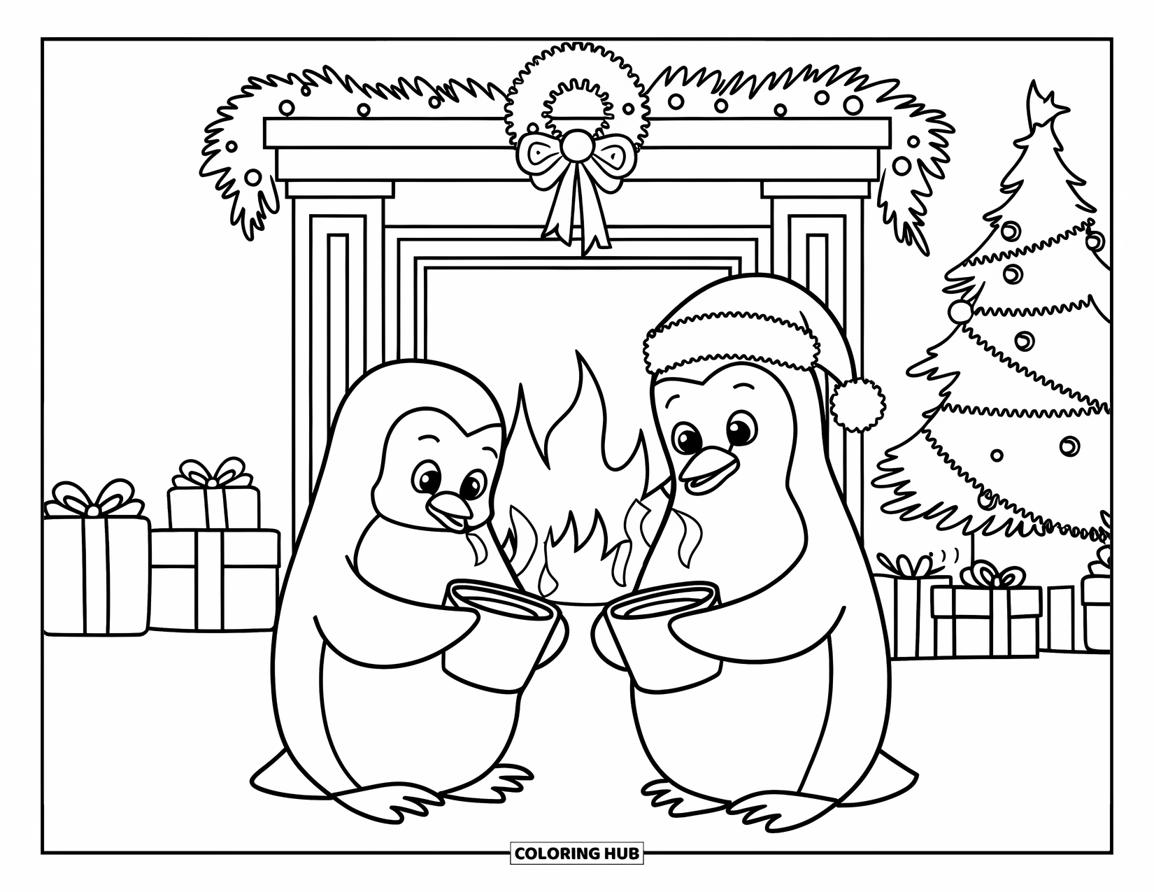 Christmas Penguin Coloring Page for Kids: A penguin family enjoys hot cocoa together by the fireplace