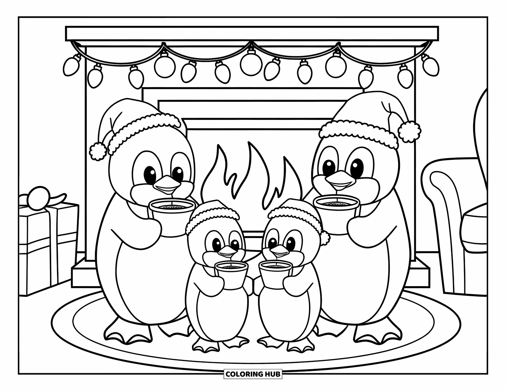 Christmas Penguin Coloring Page for Kids: A penguin family in hats sips cocoa in a cozy living room