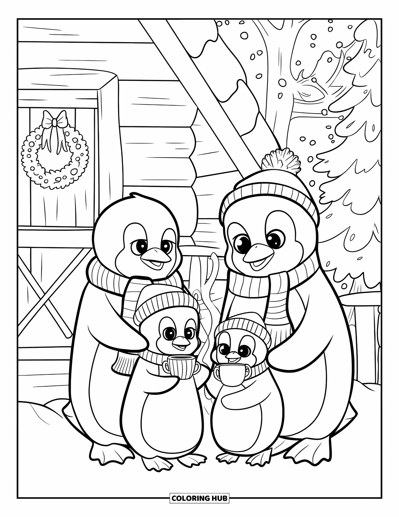 Christmas Penguin Coloring Page for Kids: A penguin family in hats sips hot cocoa inside a cozy winter cabin