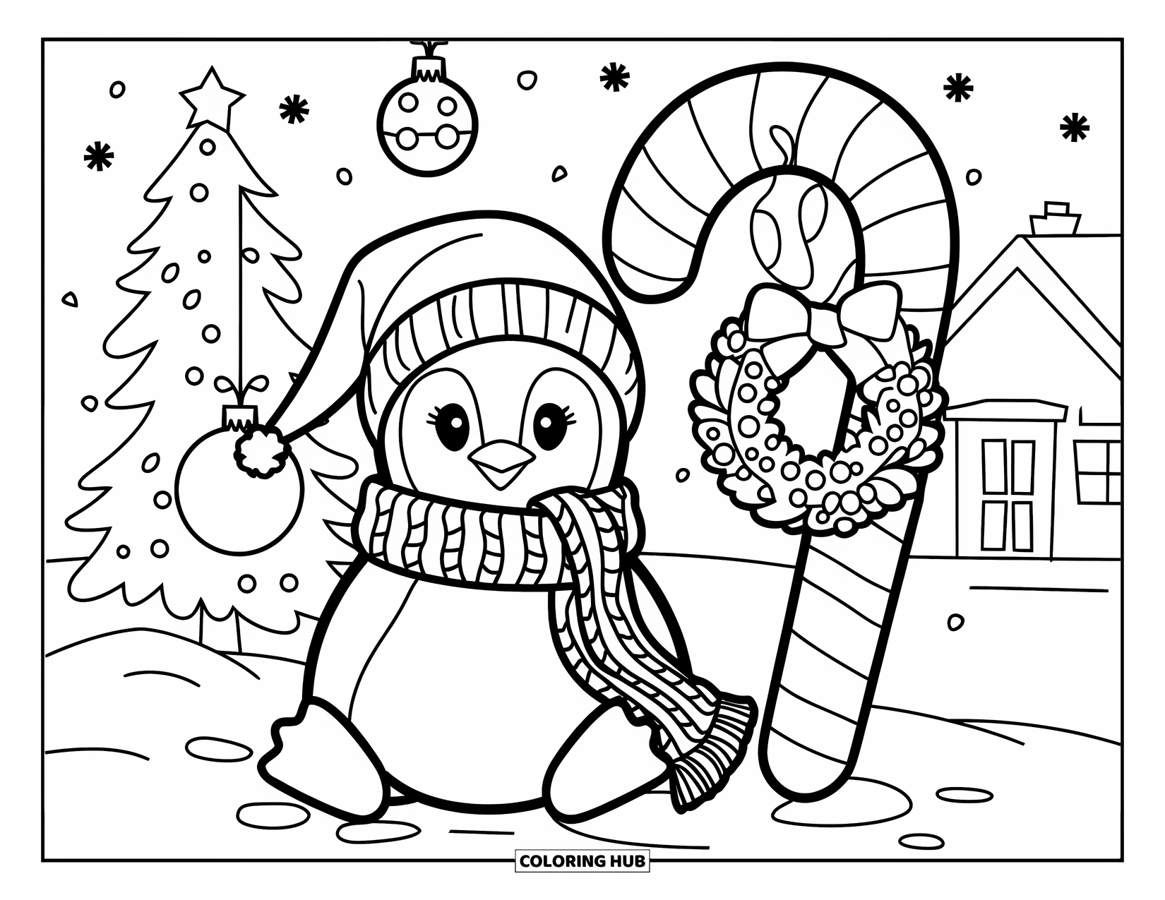 Christmas Penguin Coloring Page for Kids: A penguin in a beanie rests by a candy cane with ornaments