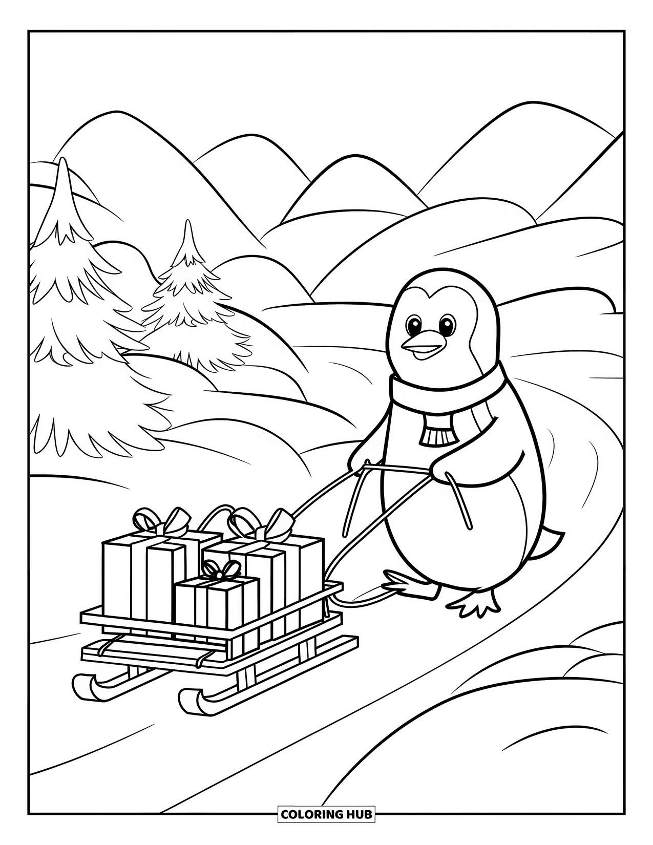Christmas Penguin Coloring Page for Kids: A penguin in a red scarf pulls a sled of gifts in snow