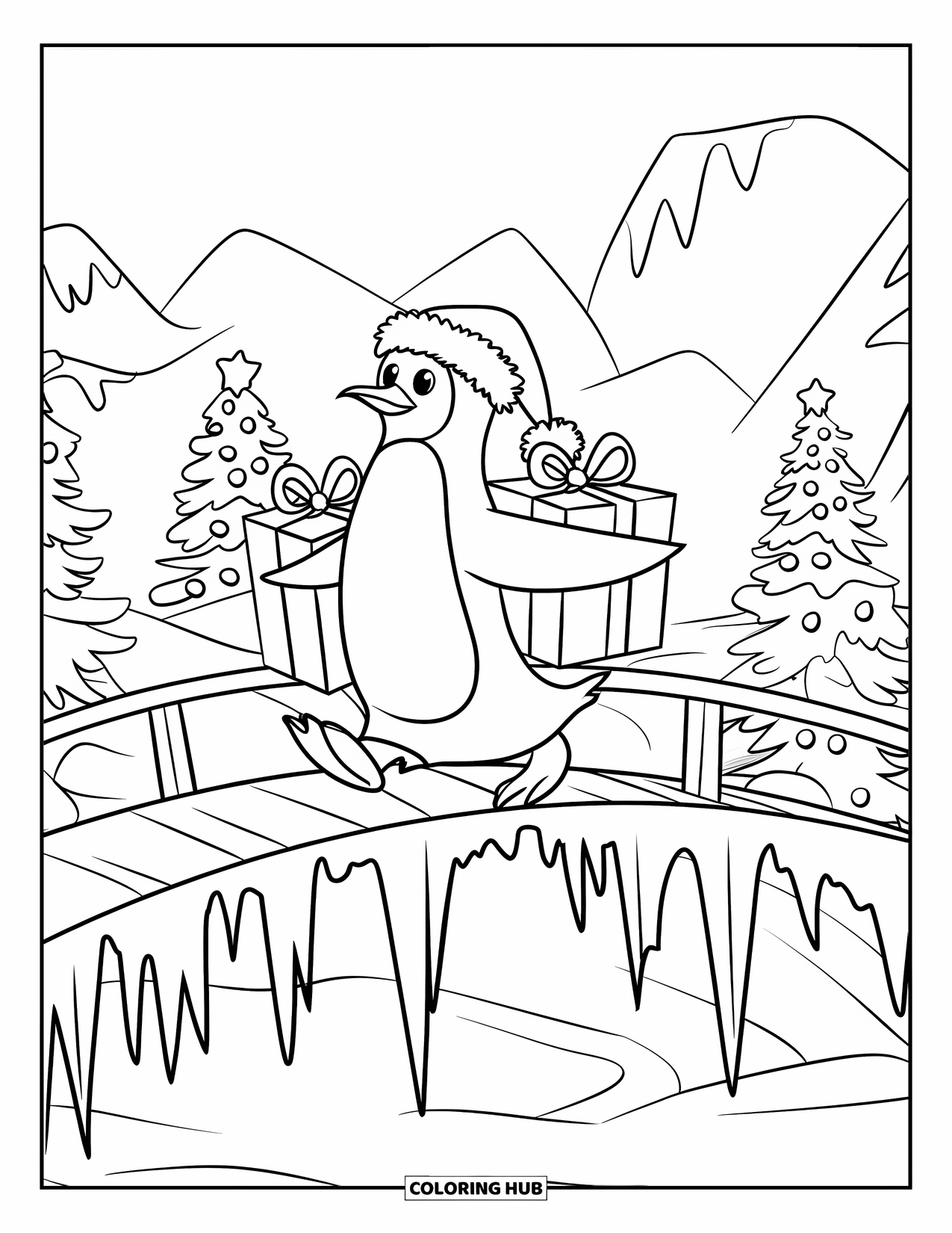 Christmas Penguin Coloring Page for Kids: A penguin in a Santa hat carries gifts across an icy bridge
