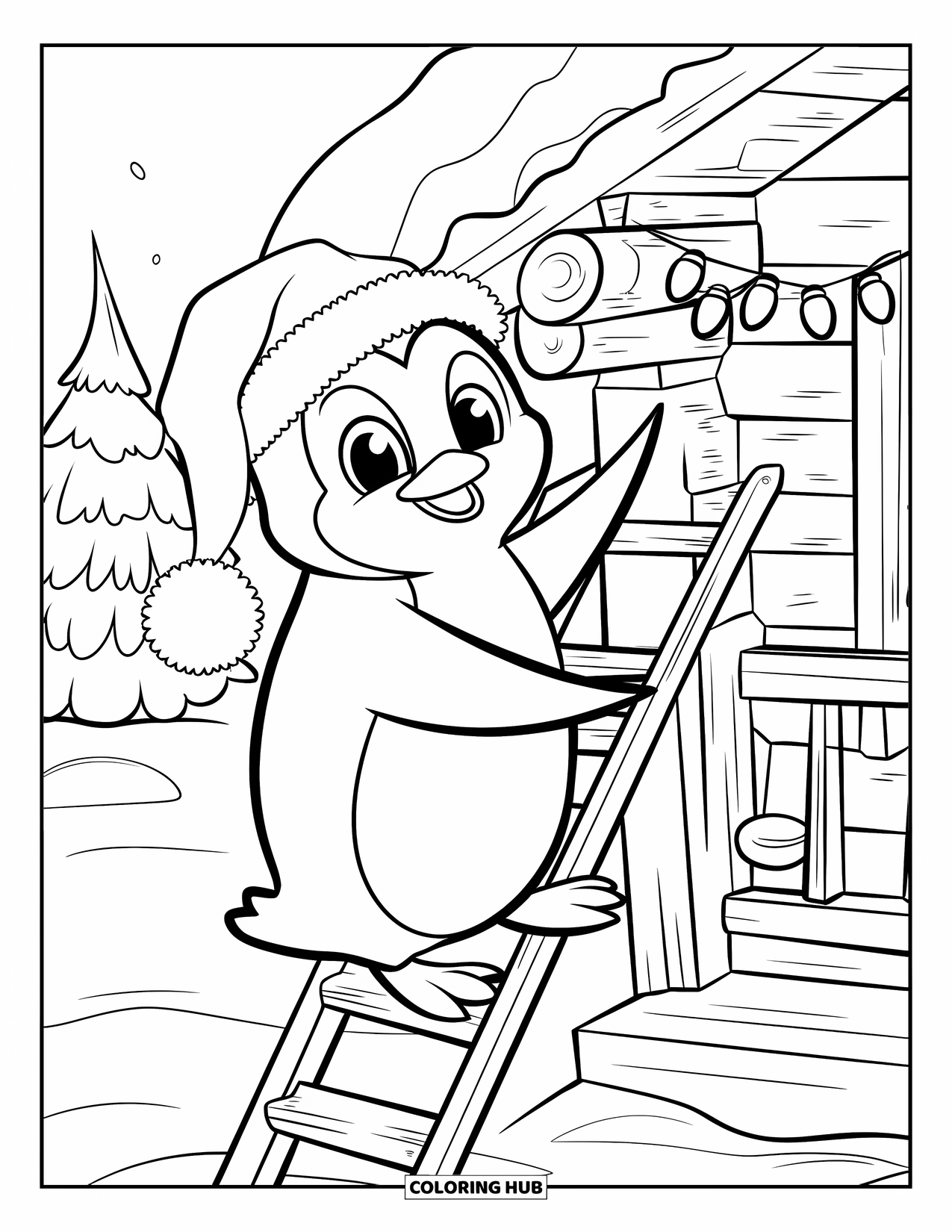 Christmas Penguin Coloring Page for Kids: A penguin in a Santa hat climbs a ladder to decorate a cabin