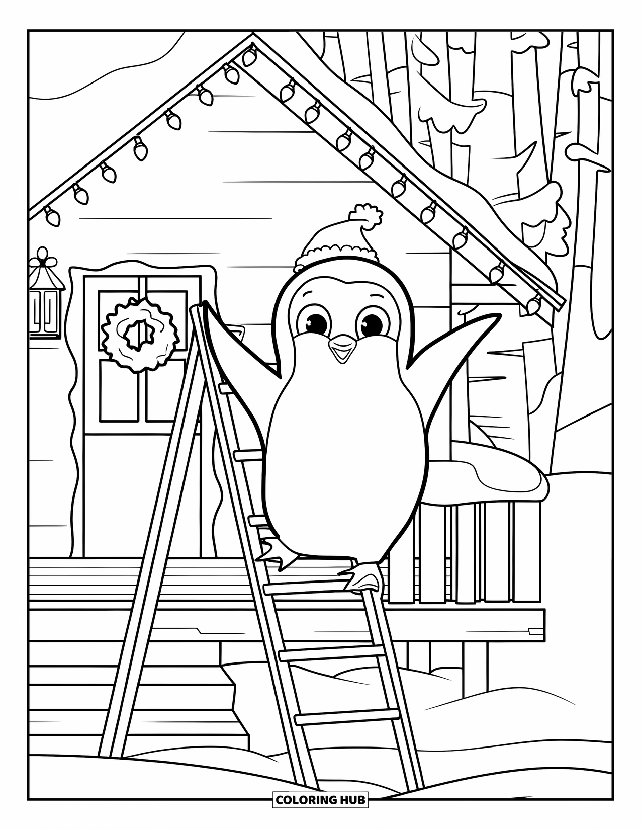 Christmas Penguin Coloring Page for Kids: A penguin in a Santa hat decorates a cabin with a wreath