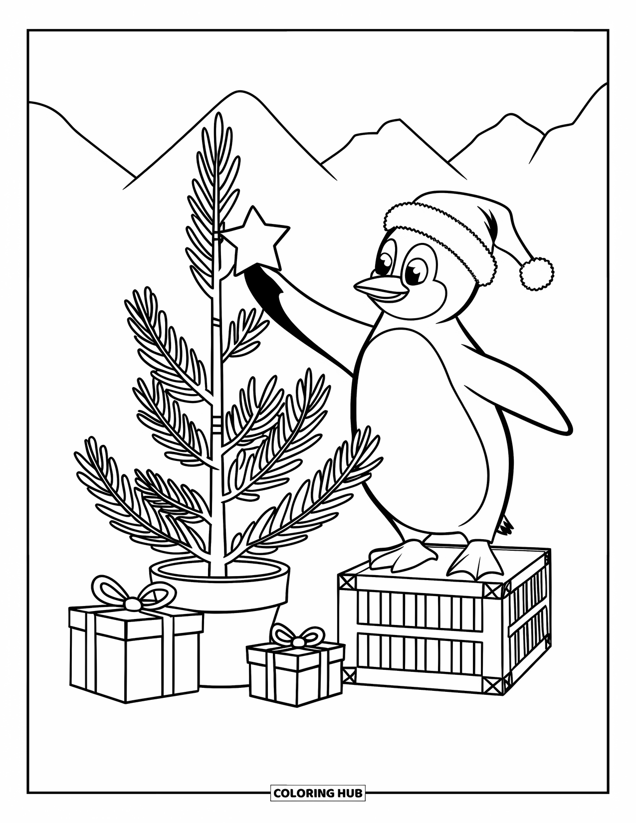 Christmas Penguin Coloring Page for Kids: A penguin in a Santa hat decorates a little tree with gifts below