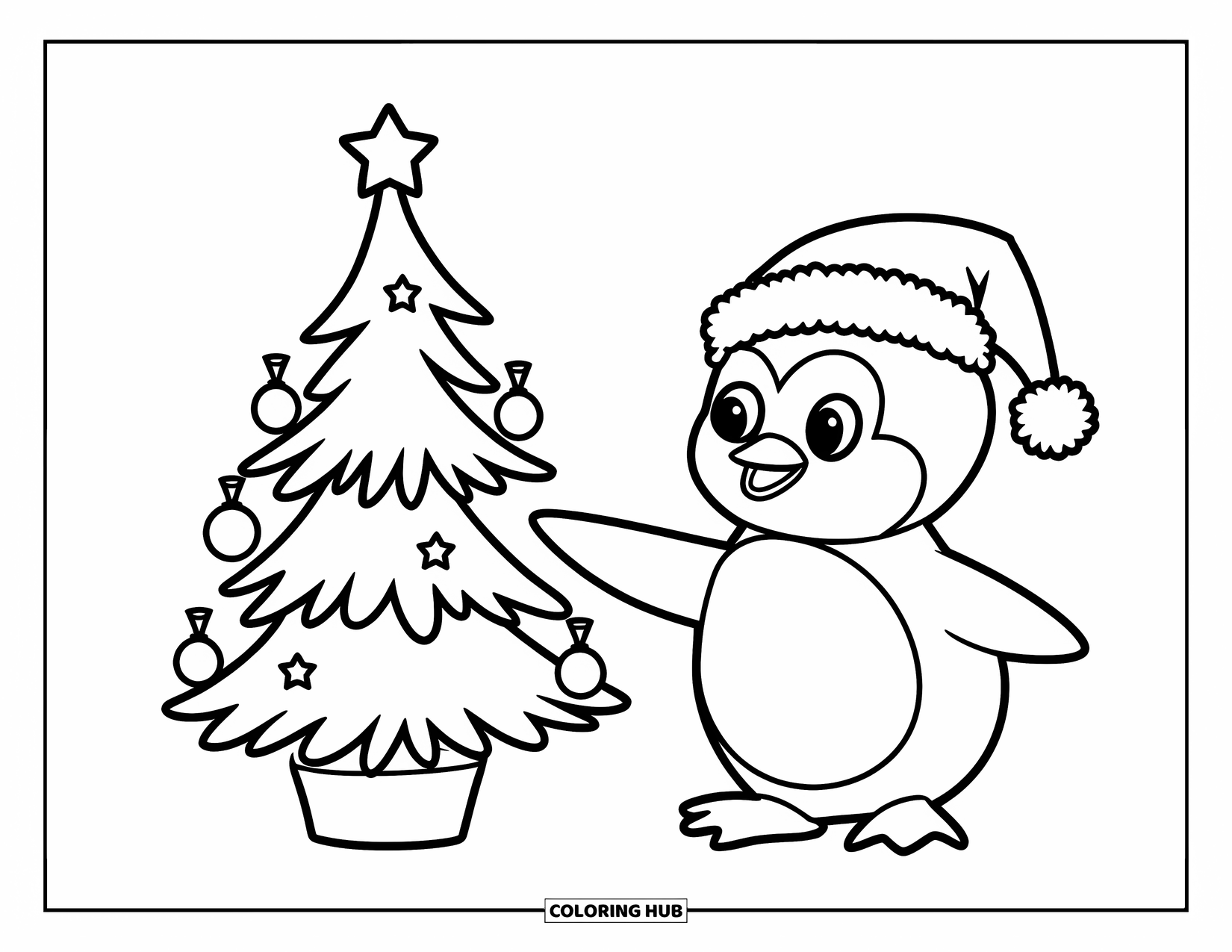Christmas Penguin Coloring Page for Kids: A penguin in a Santa hat holds a star beside a small tree