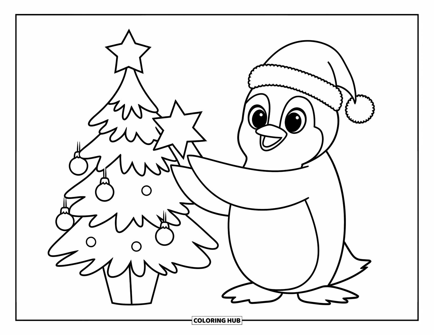 Christmas Penguin Coloring Page for Kids: A penguin in a Santa hat points to a Christmas tree with ornaments