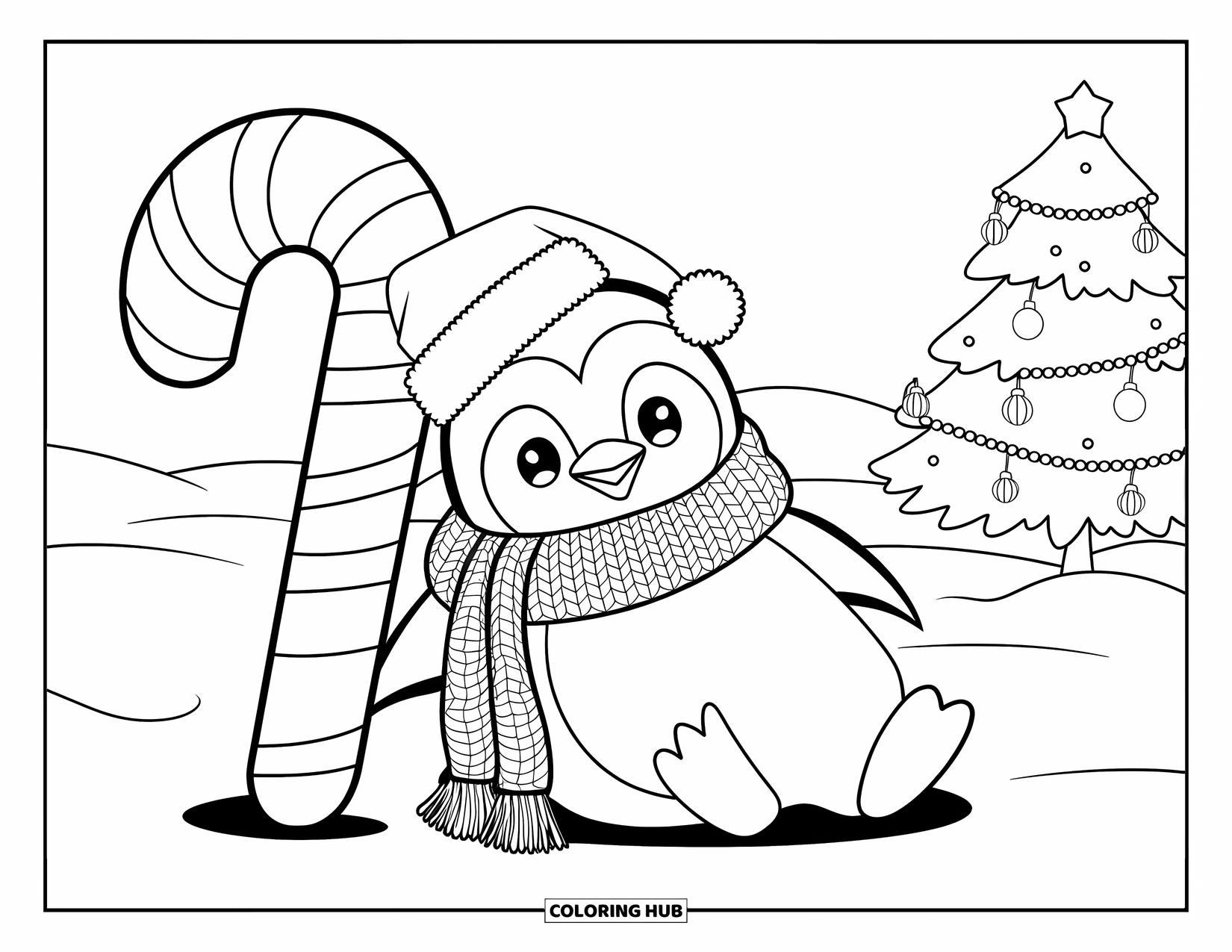 Christmas Penguin Coloring Page for Kids: A penguin in a Santa hat rests against a giant candy cane