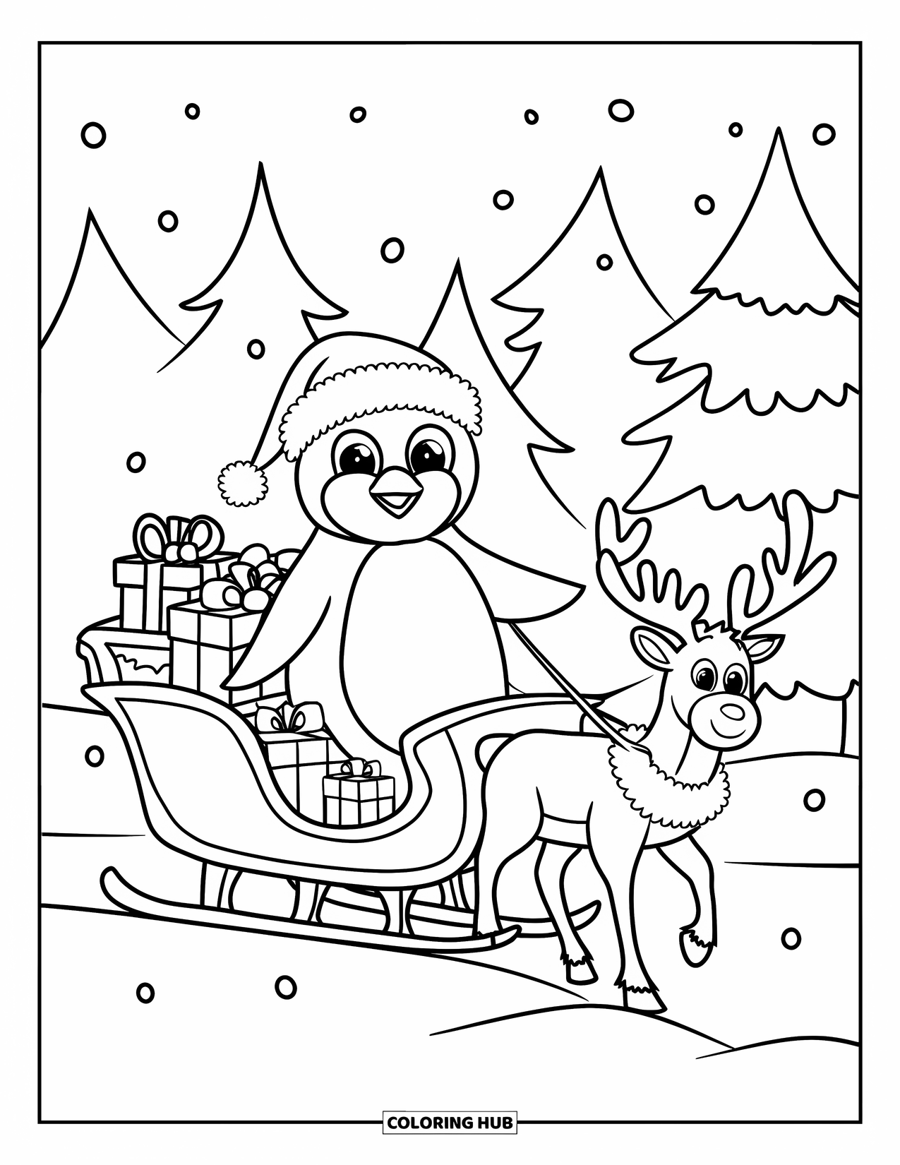 Christmas Penguin Coloring Page for Kids: A penguin in a Santa hat rides a sleigh pulled by a reindeer