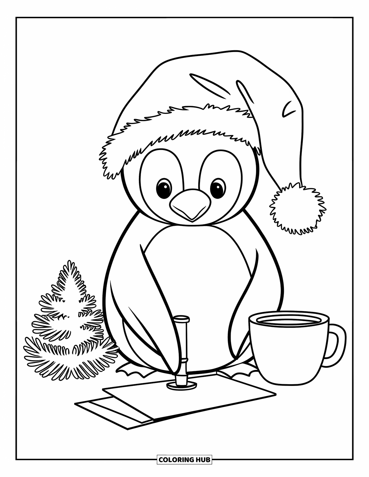 Christmas Penguin Coloring Page for Kids: A penguin in a Santa hat seals a card with cocoa beside it