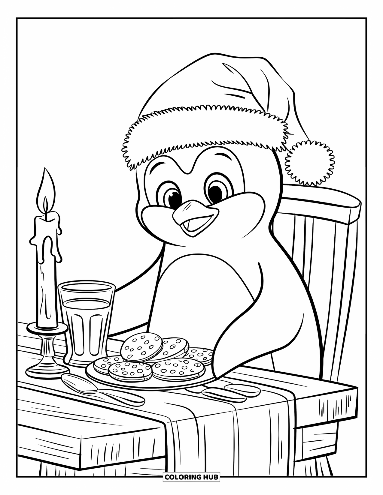 Christmas Penguin Coloring Page for Kids: A penguin in a Santa hat sets cookies on a candlelit table