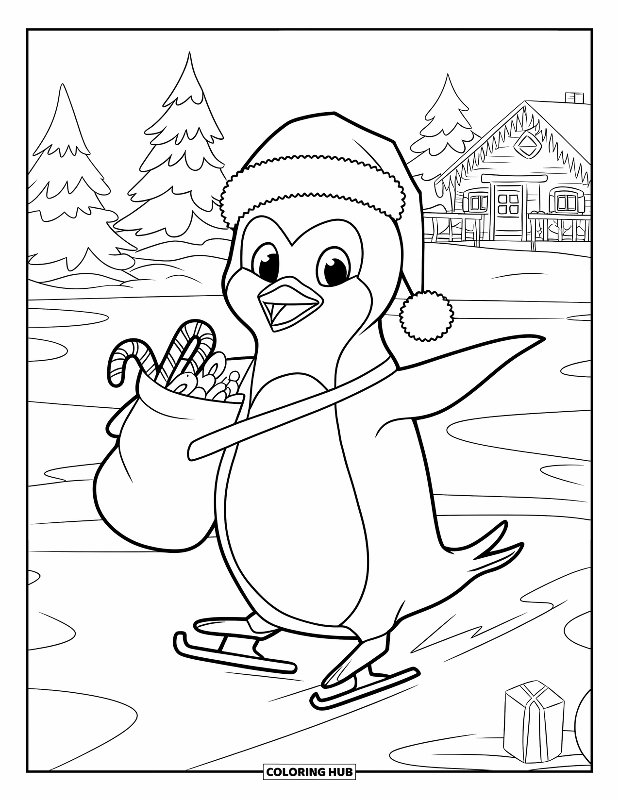 Christmas Penguin Coloring Page for Kids: A penguin in a Santa hat skates on a frozen pond with candy canes