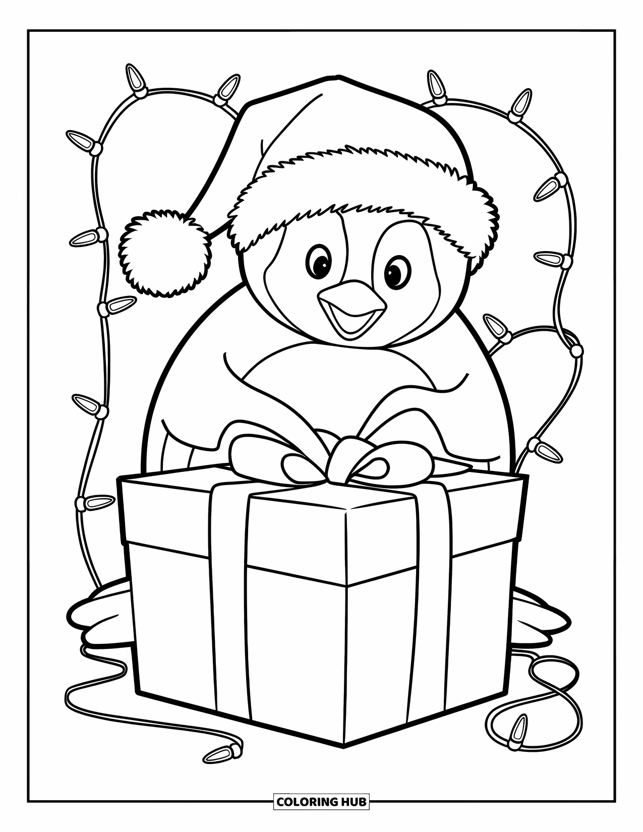 Christmas Penguin Coloring Page for Kids: A penguin in a Santa hat wraps a large gift with ribbons