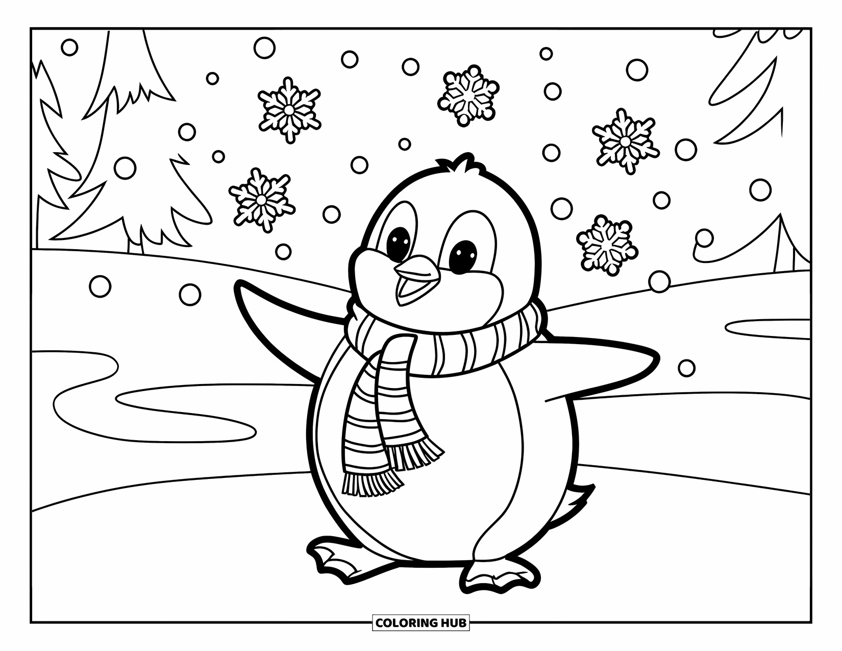 Christmas Penguin Coloring Page for Kids: A penguin in a scarf catches falling snowflakes among snowy trees