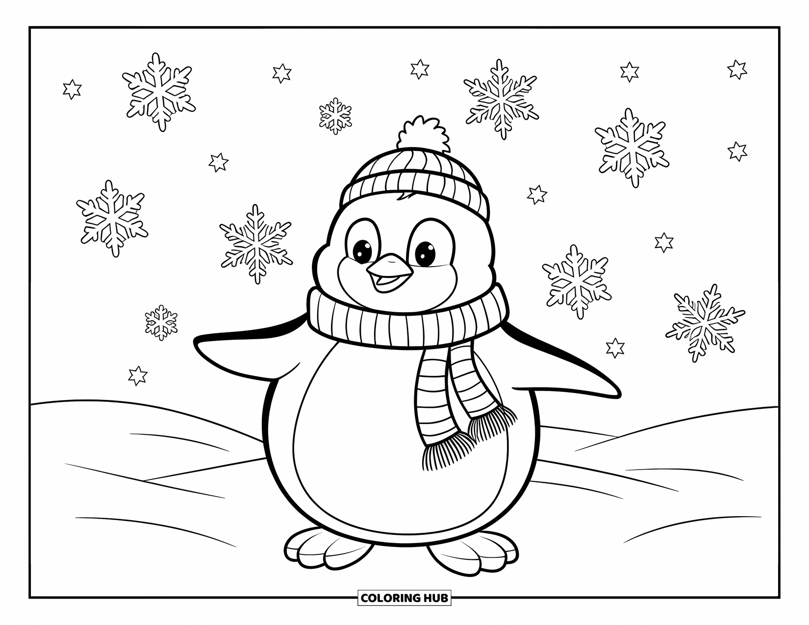 Christmas Penguin Coloring Page for Kids: A penguin in a scarf catches snowflakes under a clear starry sky