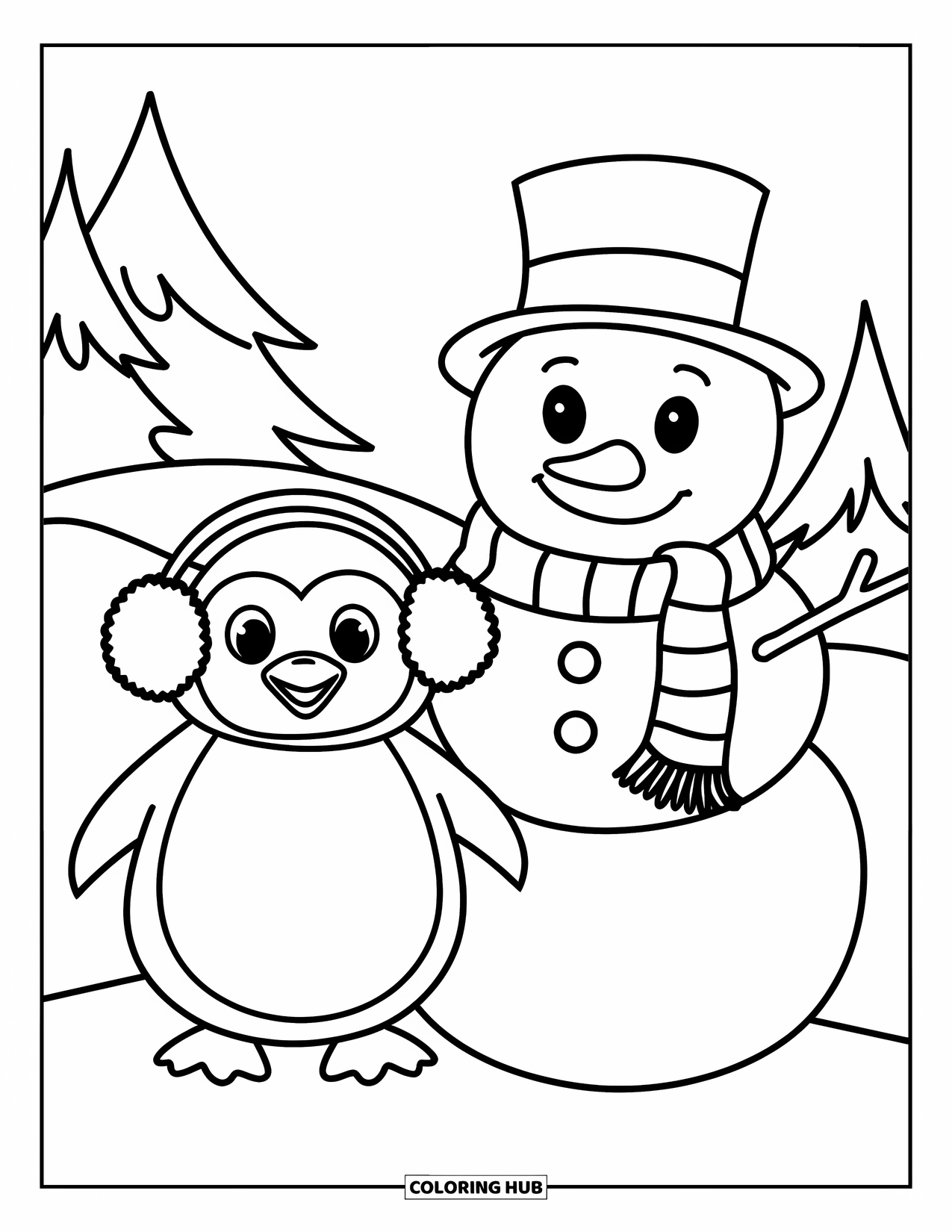 Christmas Penguin Coloring Page for Kids: A penguin in scarf and earmuffs stands with a snowman in snowy trees