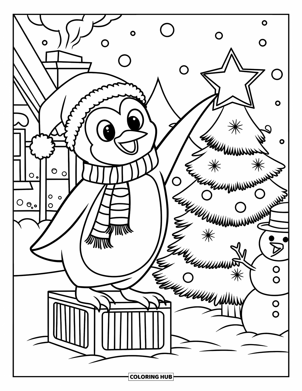 Christmas Penguin Coloring Page for Kids: A penguin in scarf and hat adds a star to a tree by a cottage