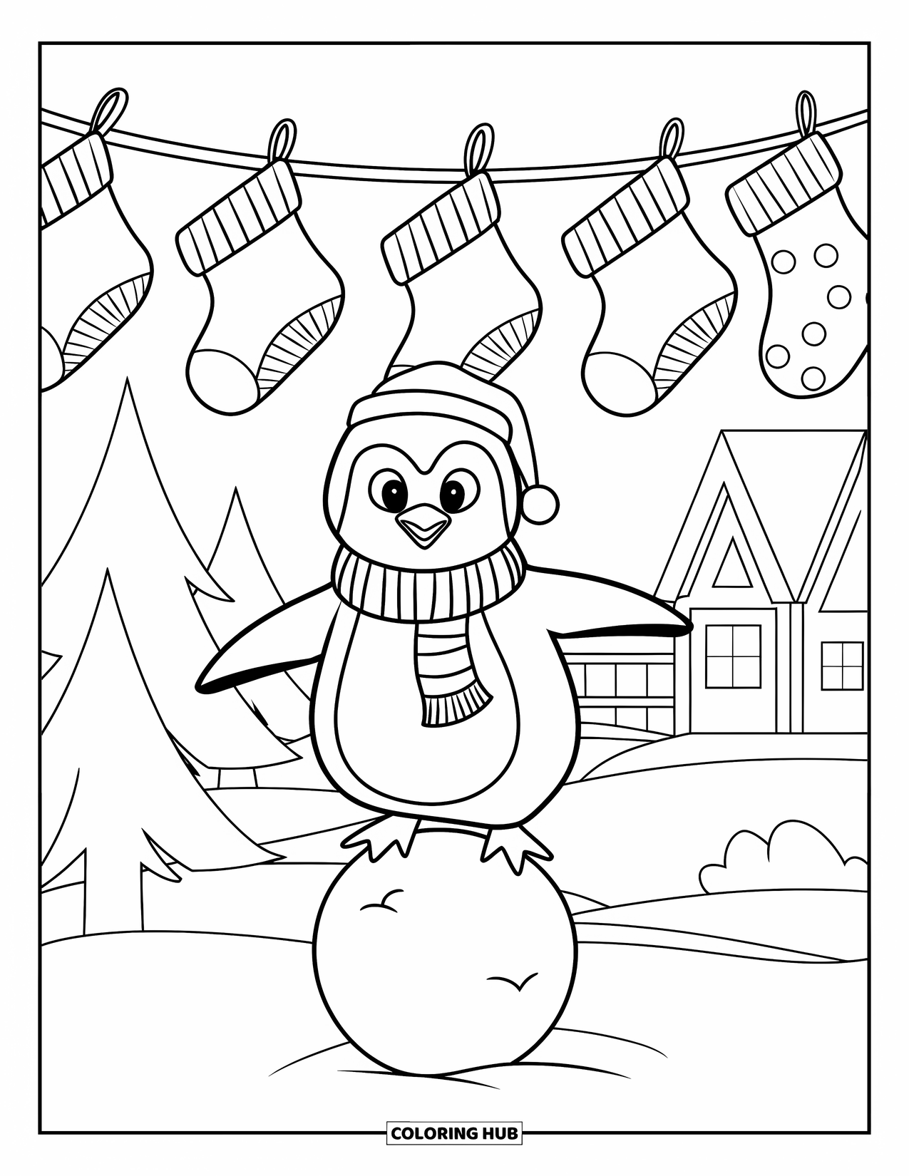 Christmas Penguin Coloring Page for Kids: A penguin in scarf and hat balances on a snowball near stockings