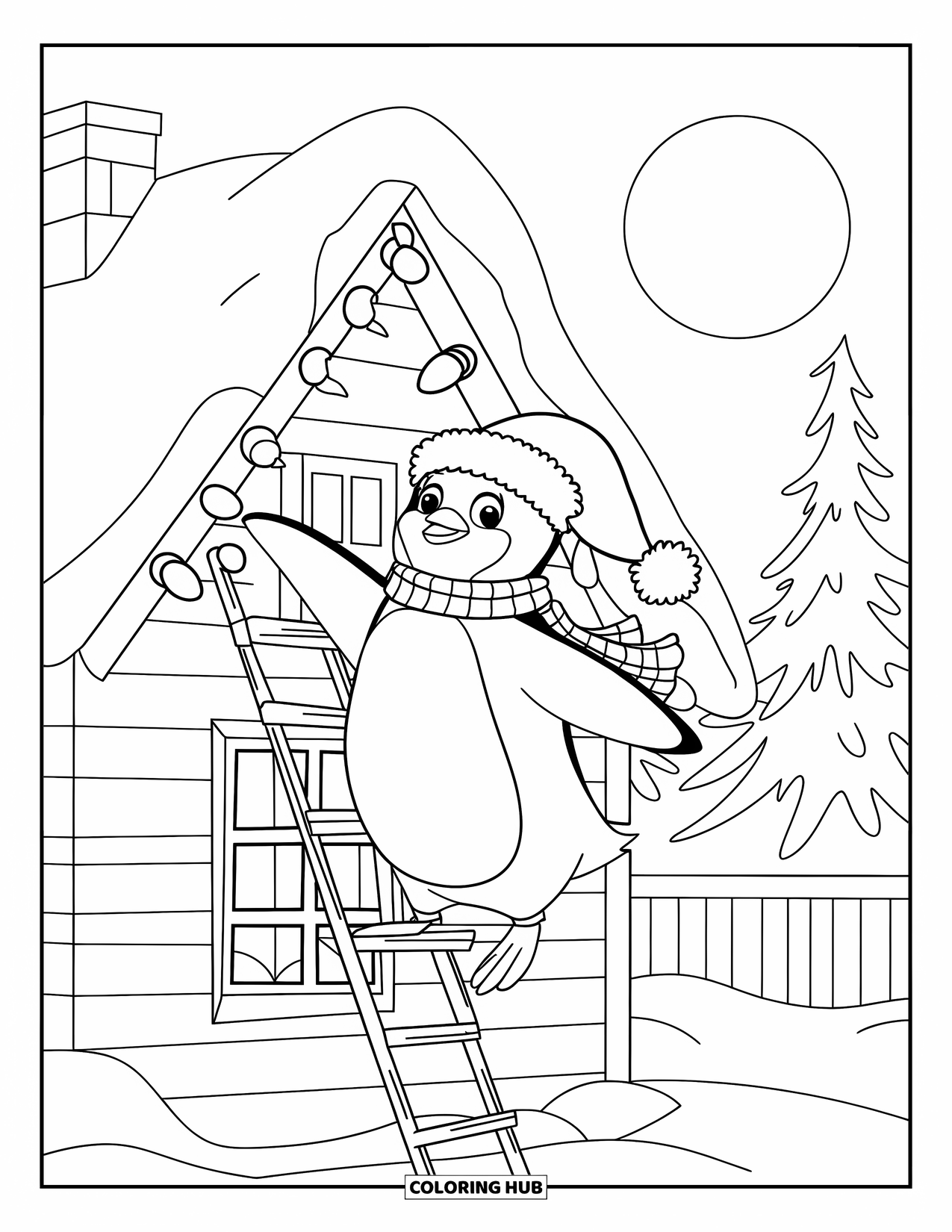 Christmas Penguin Coloring Page for Kids: A penguin in scarf and hat climbs a ladder by a snowy cabin