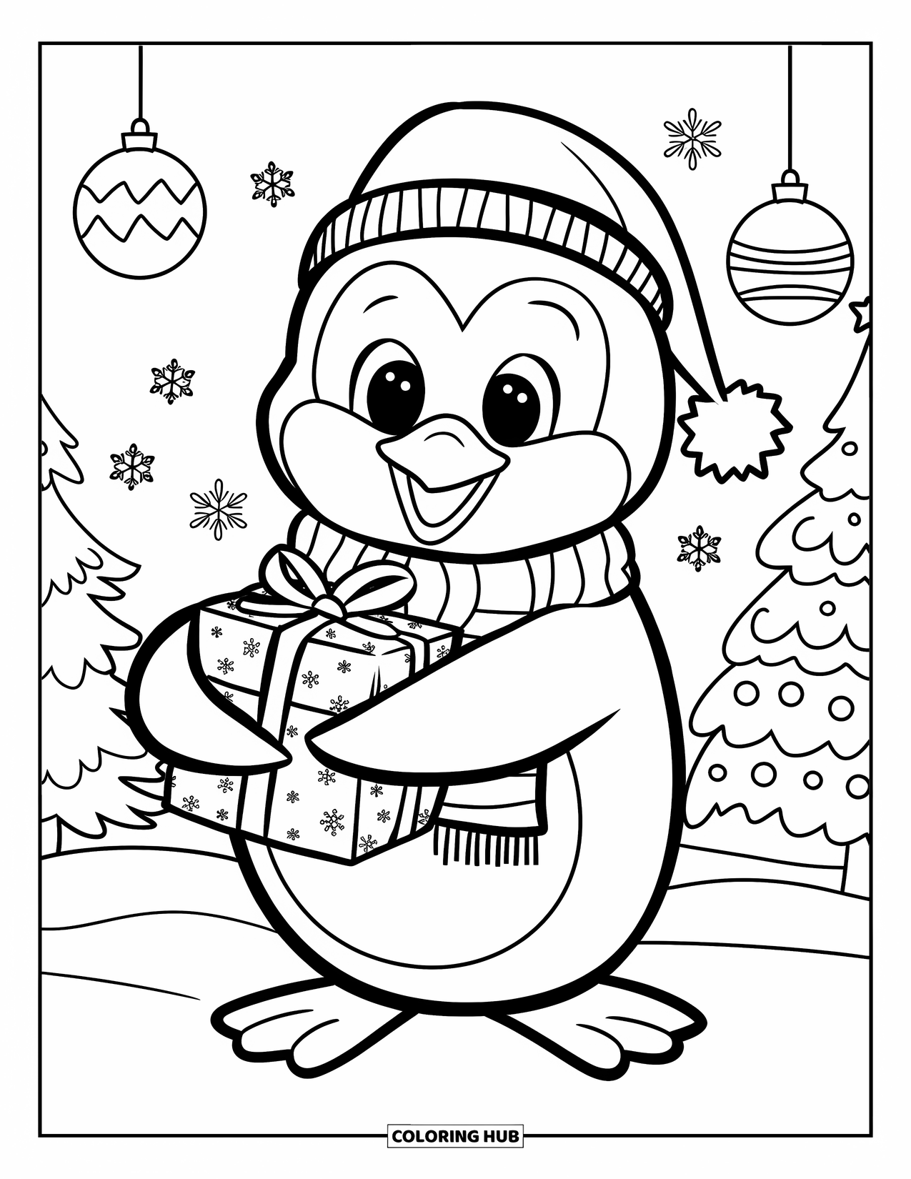Christmas Penguin Coloring Page for Kids: A penguin in scarf and hat holds a present near Christmas trees