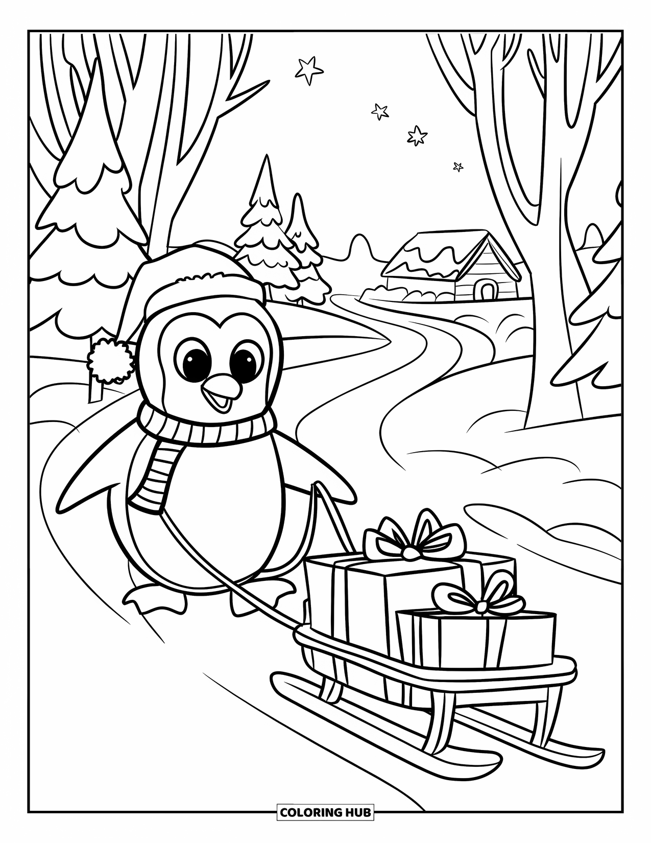 Christmas Penguin Coloring Page for Kids: A penguin in scarf and hat pulls a sled past trees and a cabin