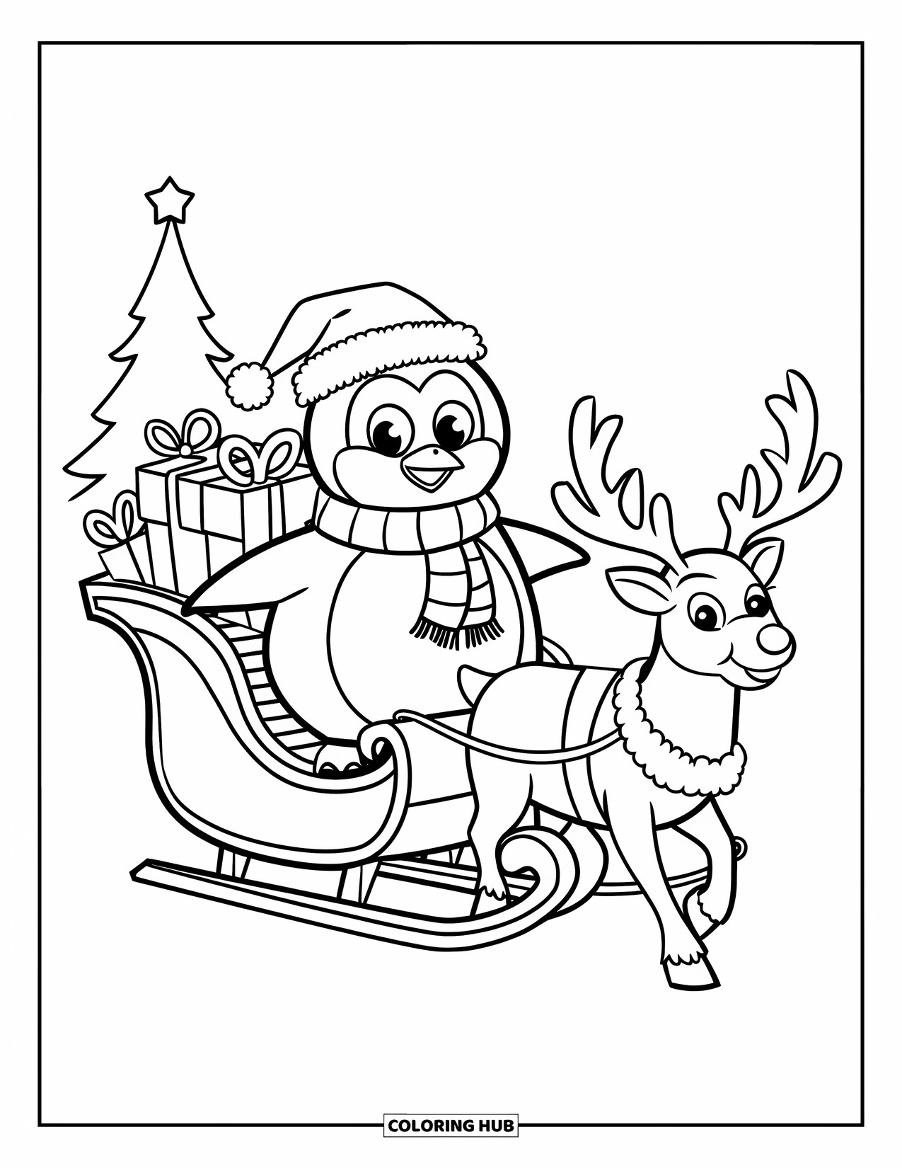 Christmas Penguin Coloring Page for Kids: A penguin in scarf and hat rides a sleigh with gifts and blankets