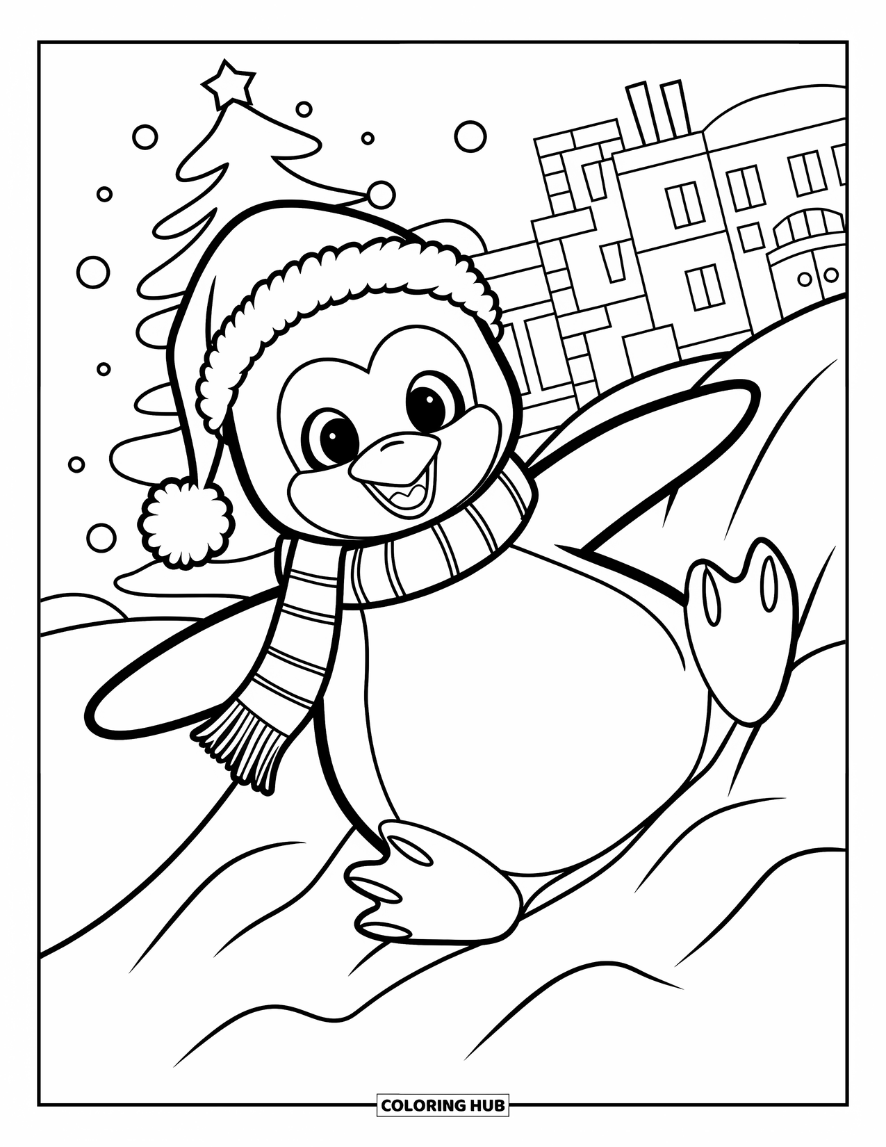 Christmas Penguin Coloring Page for Kids: A penguin in scarf and hat slides down a snowy hill