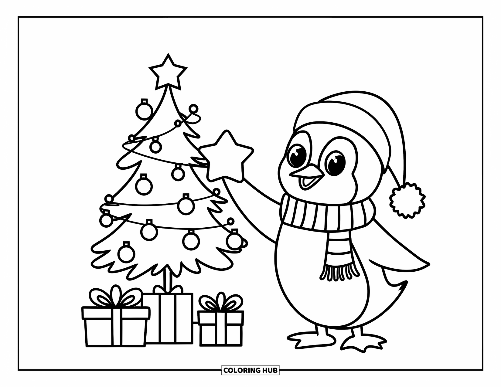 Christmas Penguin Coloring Page for Kids: A penguin in scarf holds a star near a tree with gifts