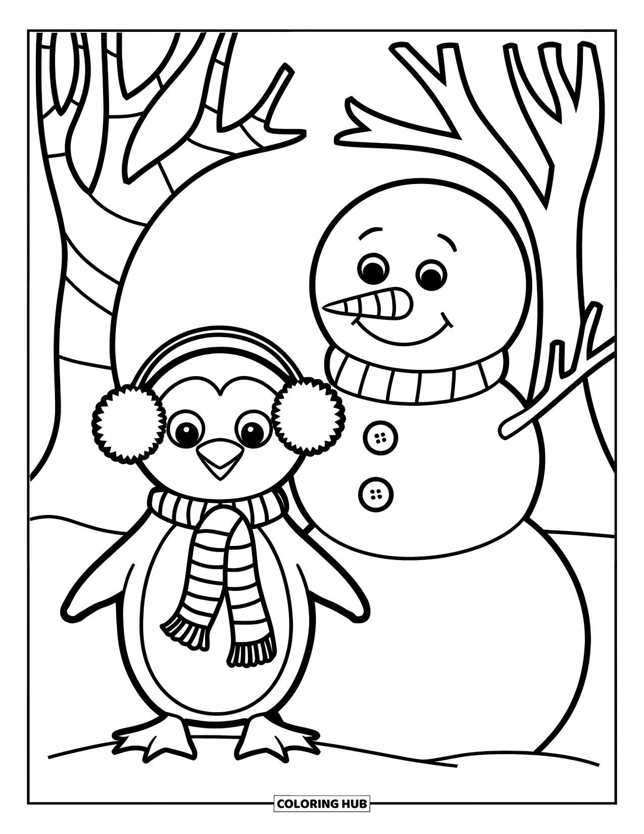 Christmas Penguin Coloring Page for Kids: A penguin in striped scarf stands by a snowman with button eyes
