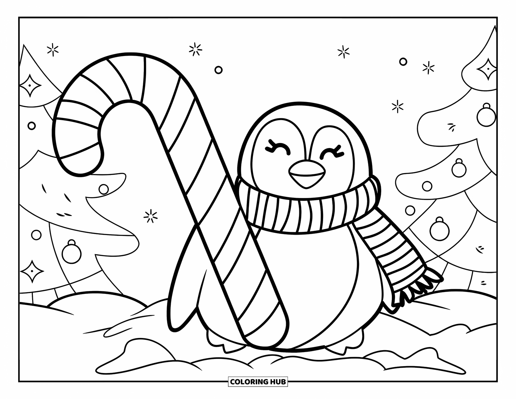 Christmas Penguin Coloring Page for Kids: A penguin leans on a candy cane in a snowy Christmas scene