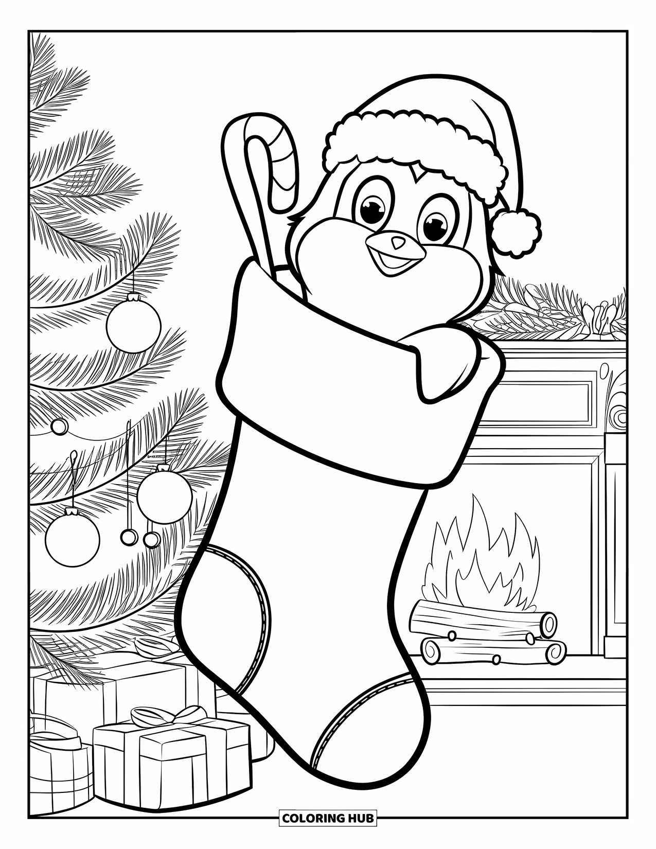 Christmas Penguin Coloring Page for Kids: A penguin peeks out from a stocking hung on a Christmas tree