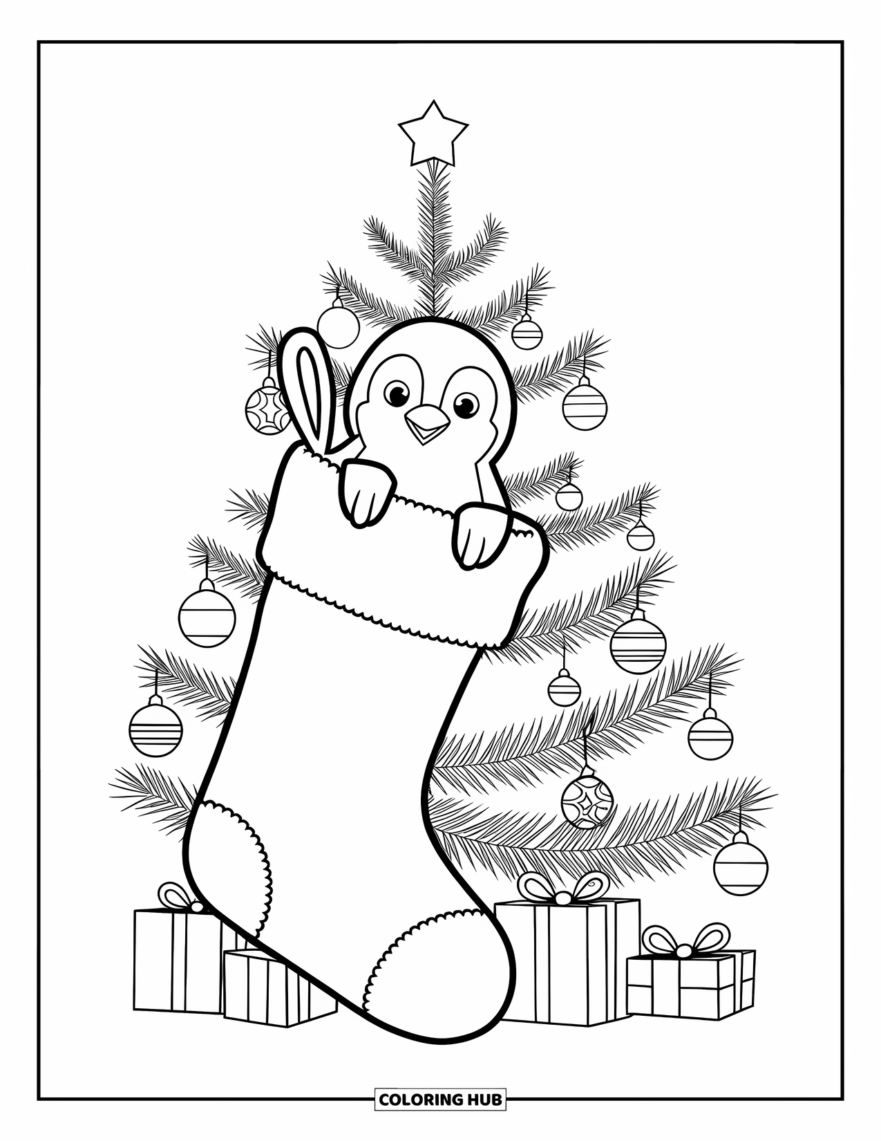 Christmas Penguin Coloring Page for Kids: A penguin peeks out from a stocking on a decorated Christmas tree