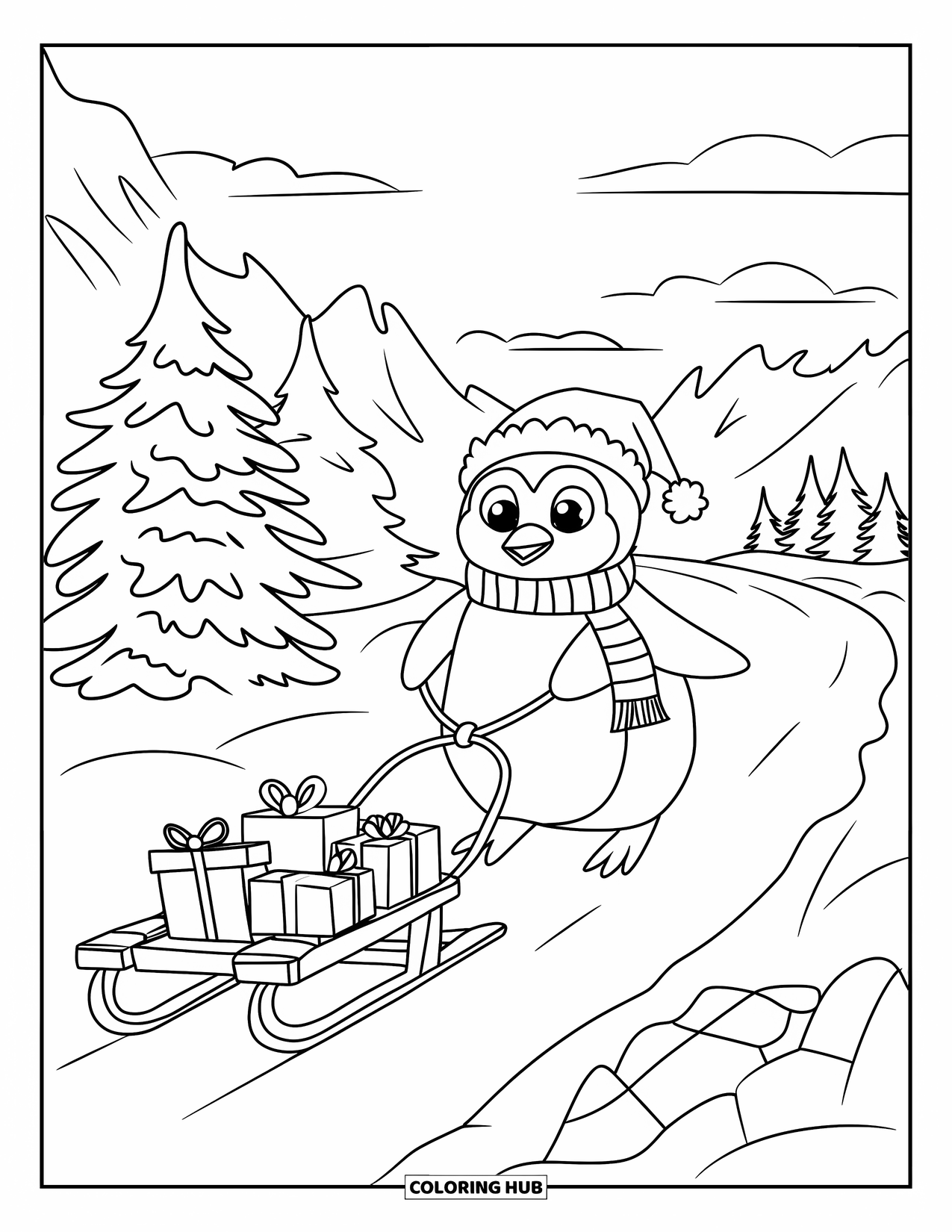 Christmas Penguin Coloring Page for Kids: A penguin pulls a sled of presents along a snowy mountain trail