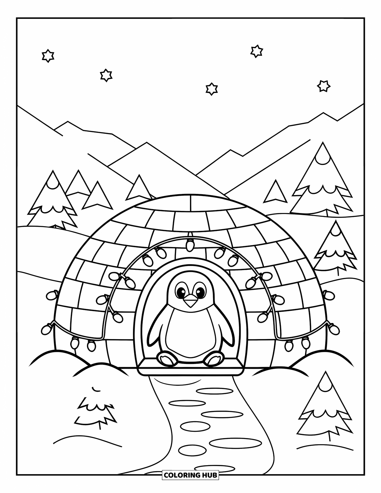 Christmas Penguin Coloring Page for Kids: A penguin sits in a lit igloo near trees and snowy mountains